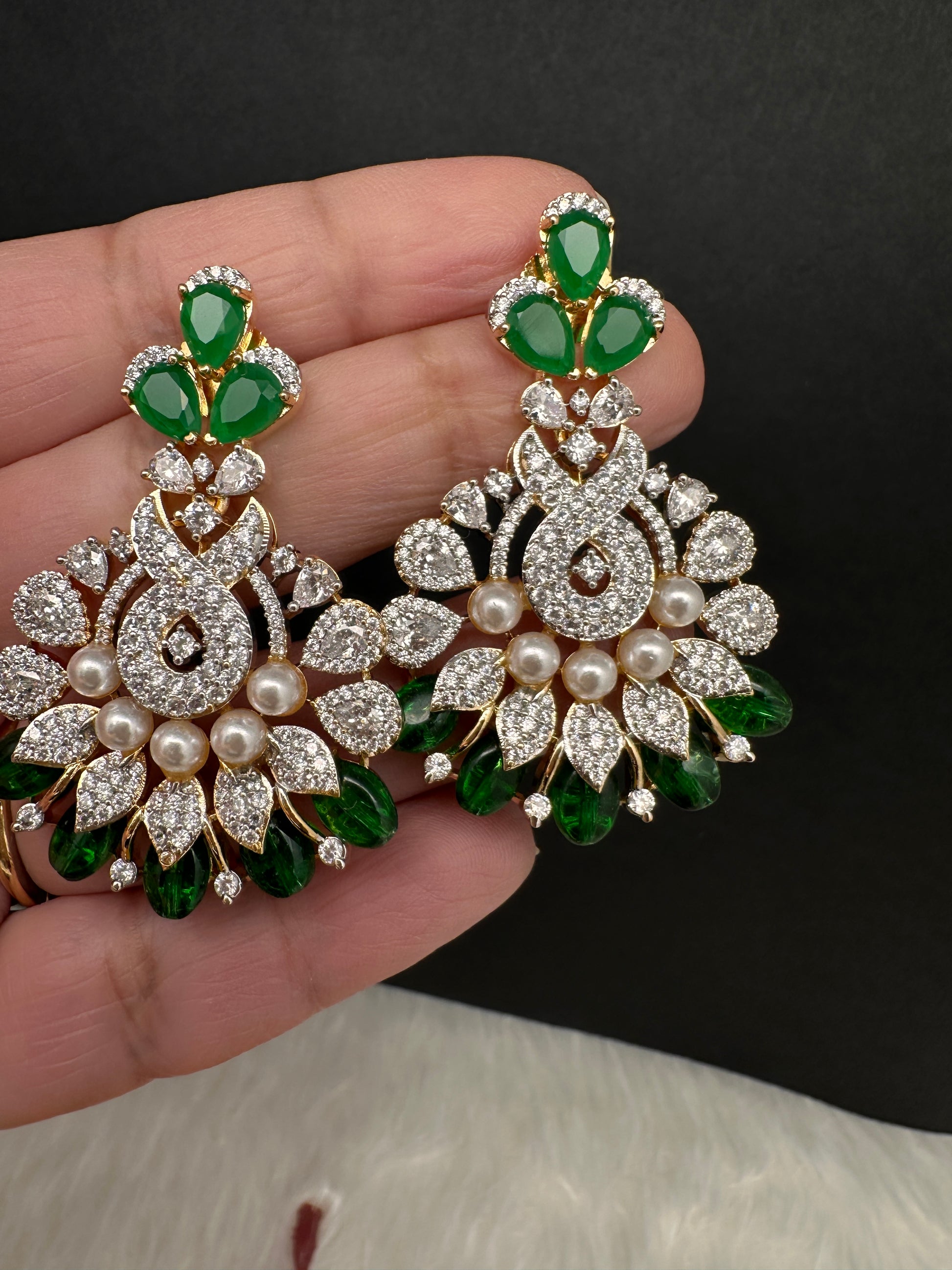 AD Color Stone Pearl Beads Pendent Set - Green