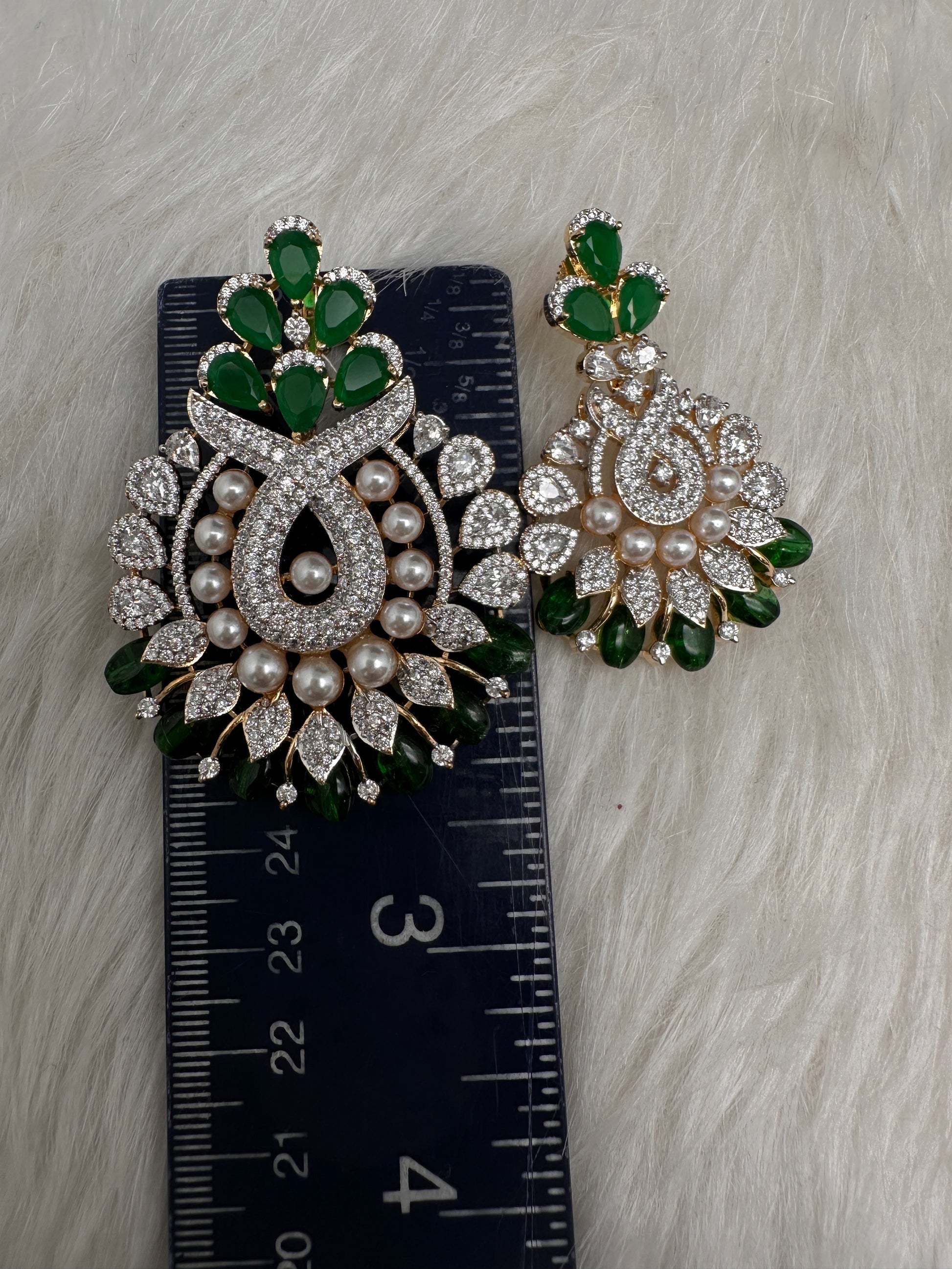 AD Color Stone Pearl Beads Pendent Set - Green