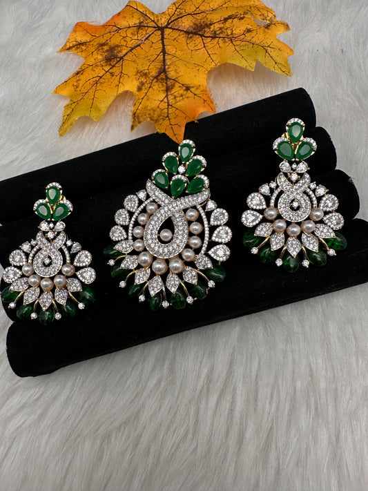 AD Color Stone Pearl Beads Pendent Set - Green