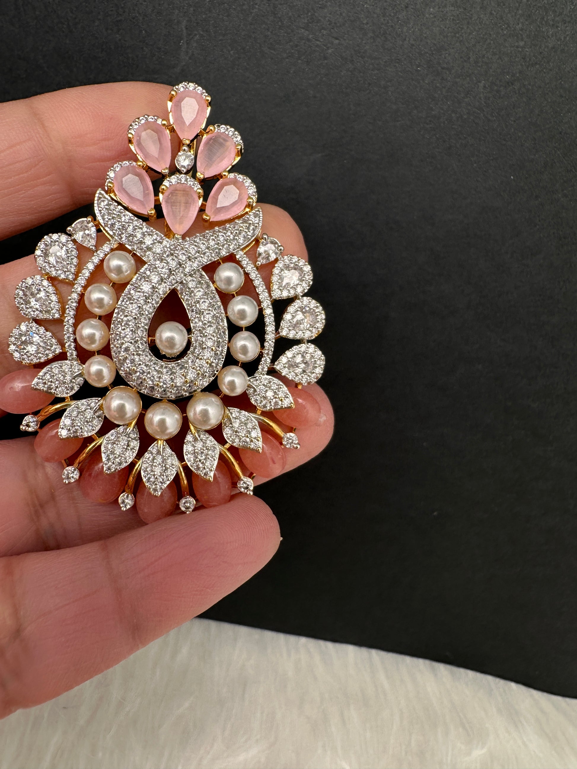AD Color Stone Pearl Beads Pendent Set - Pink