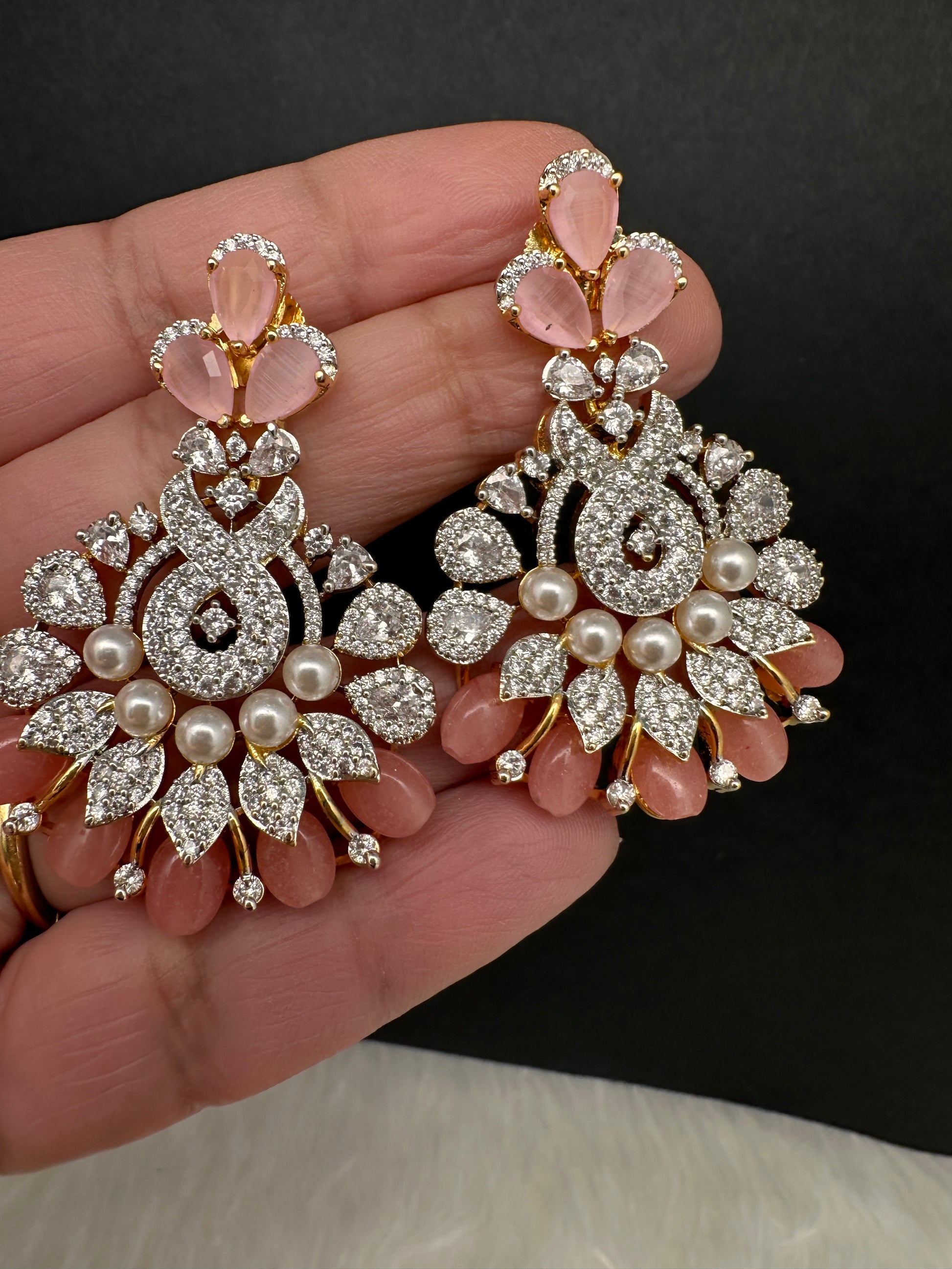 AD Color Stone Pearl Beads Pendent Set - Pink
