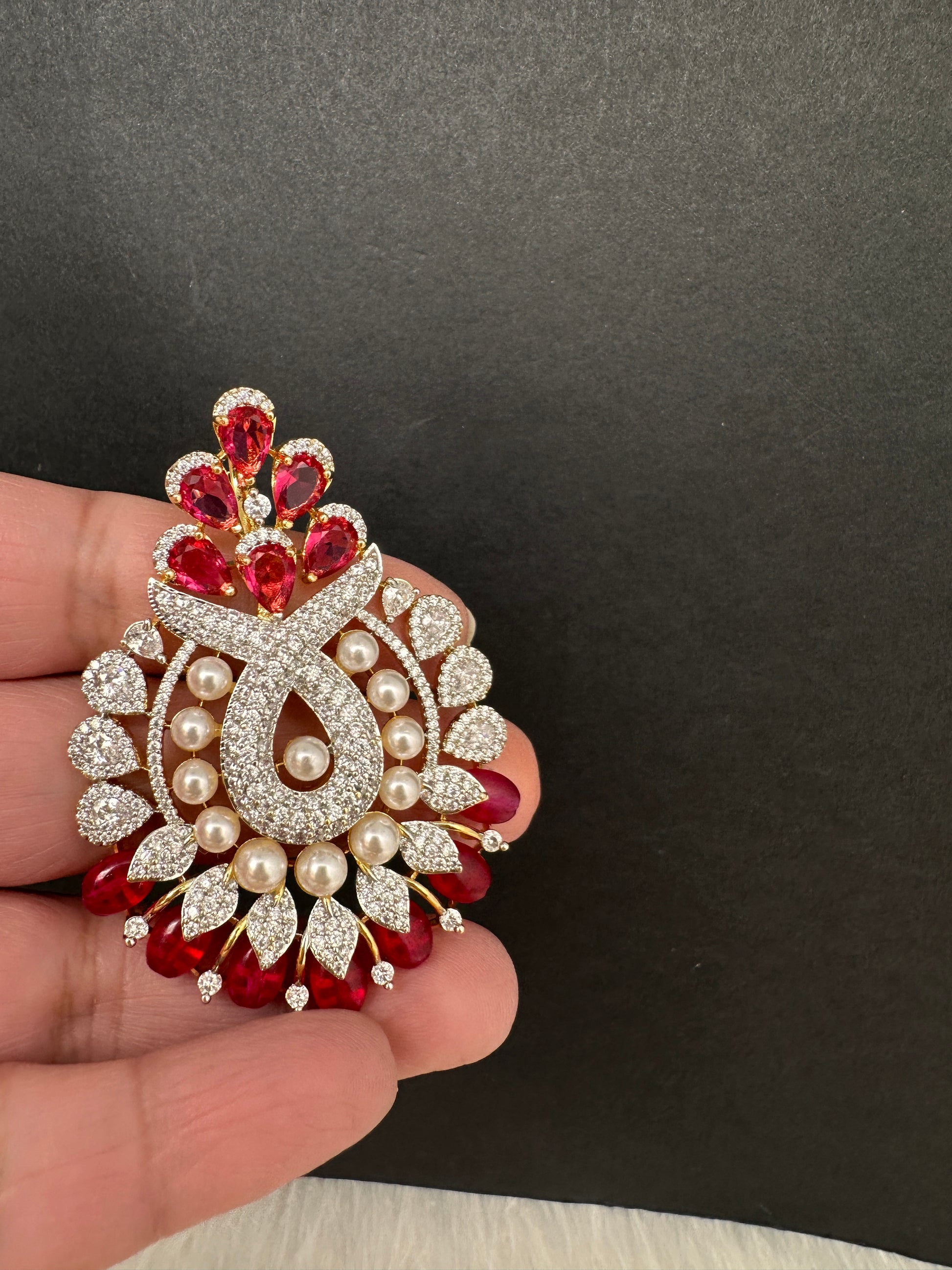 AD Color Stone Pearl Beads Pendent Set - Red