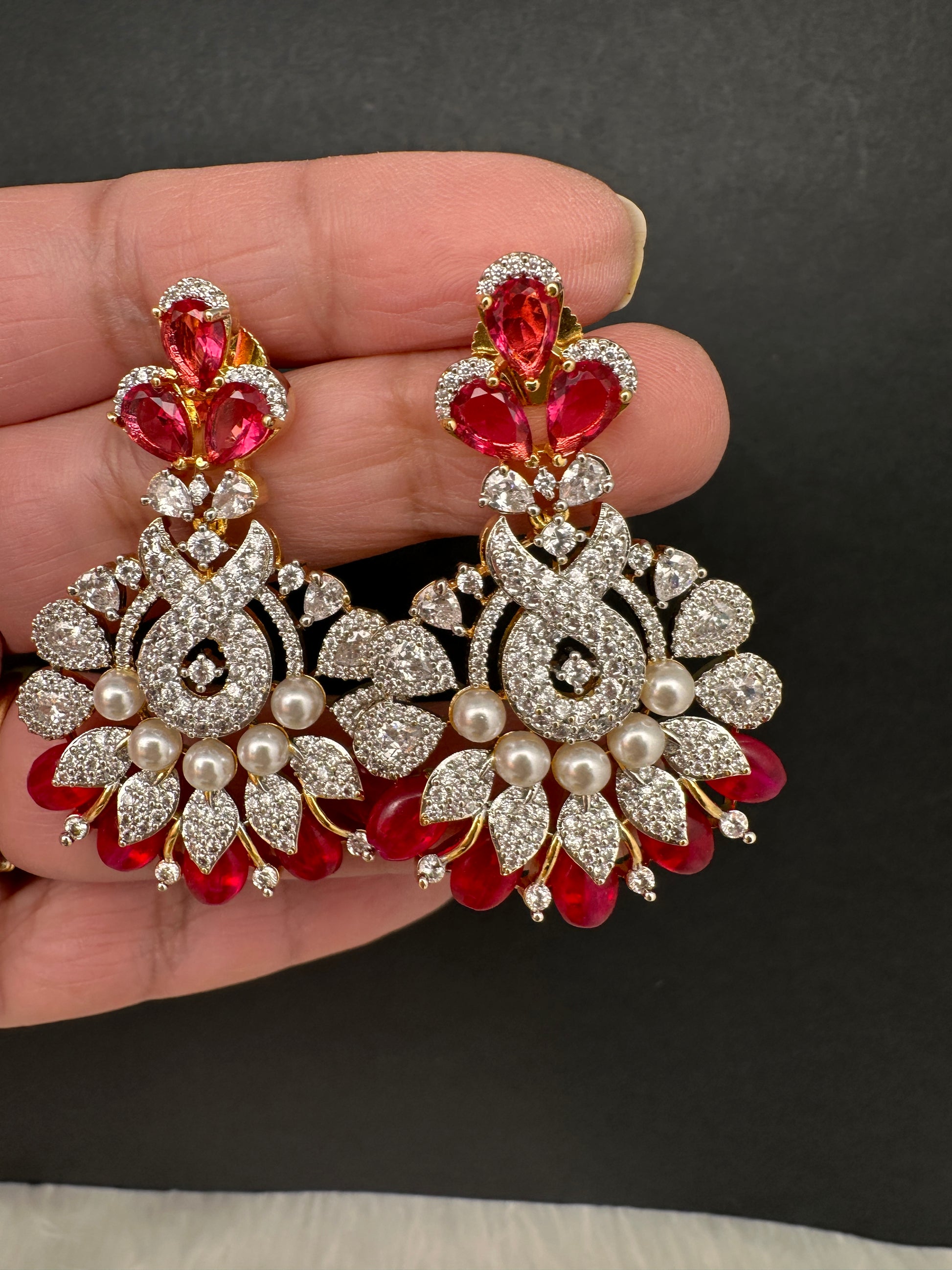 AD Color Stone Pearl Beads Pendent Set - Red