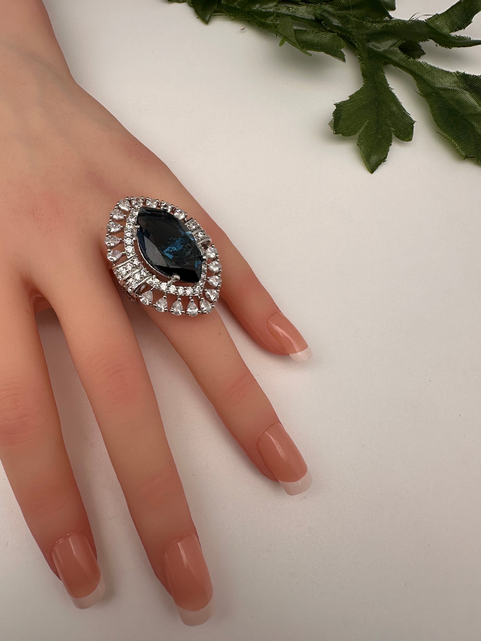 AD Silver Adjustable Color Stone Cocktail Ring - Blue