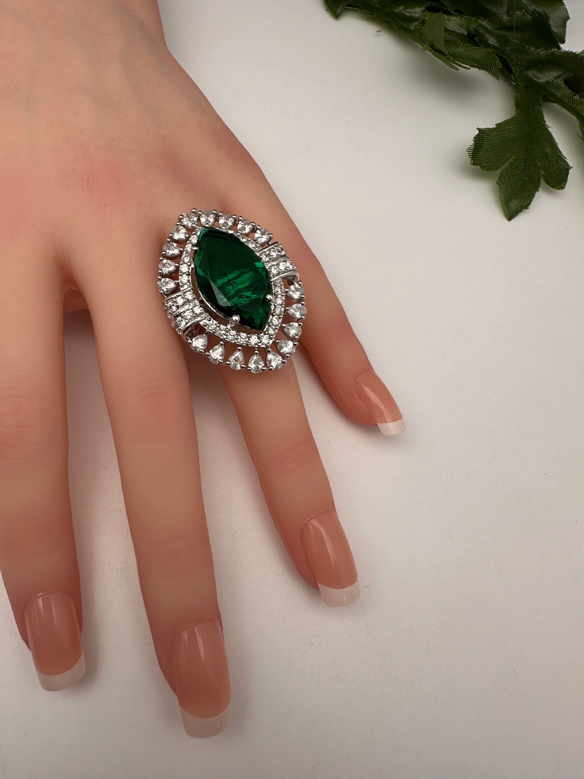 AD Silver Adjustable Color Stone Cocktail Ring - Green