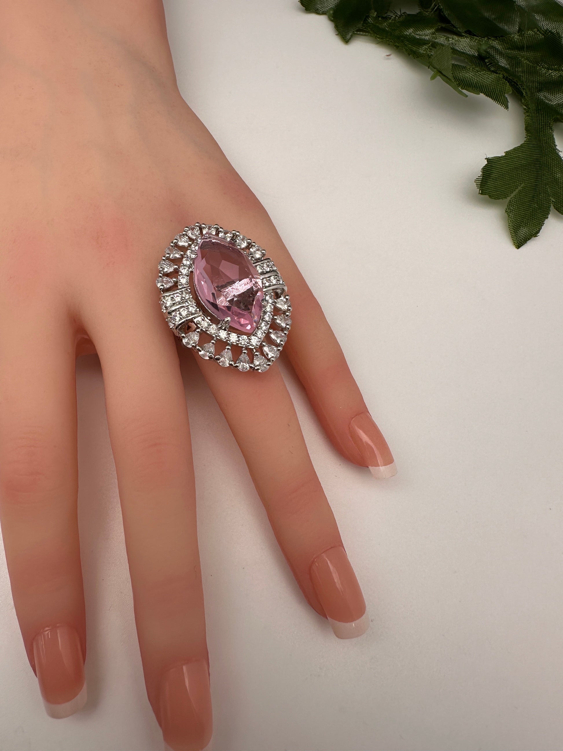 AD Silver Adjustable Color Stone Cocktail Ring - Pink