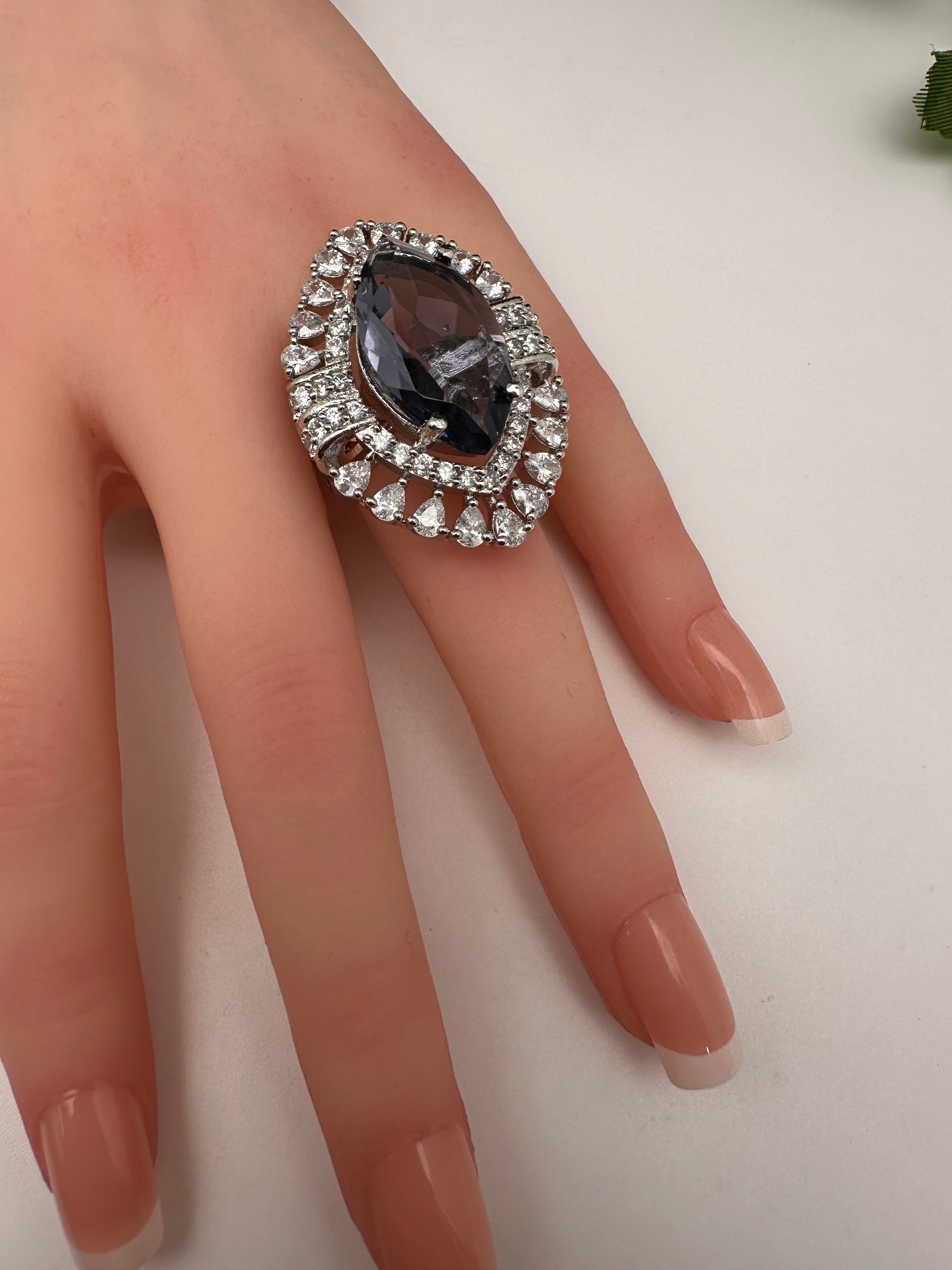 AD Silver Adjustable Color Stone Cocktail Ring - Purple