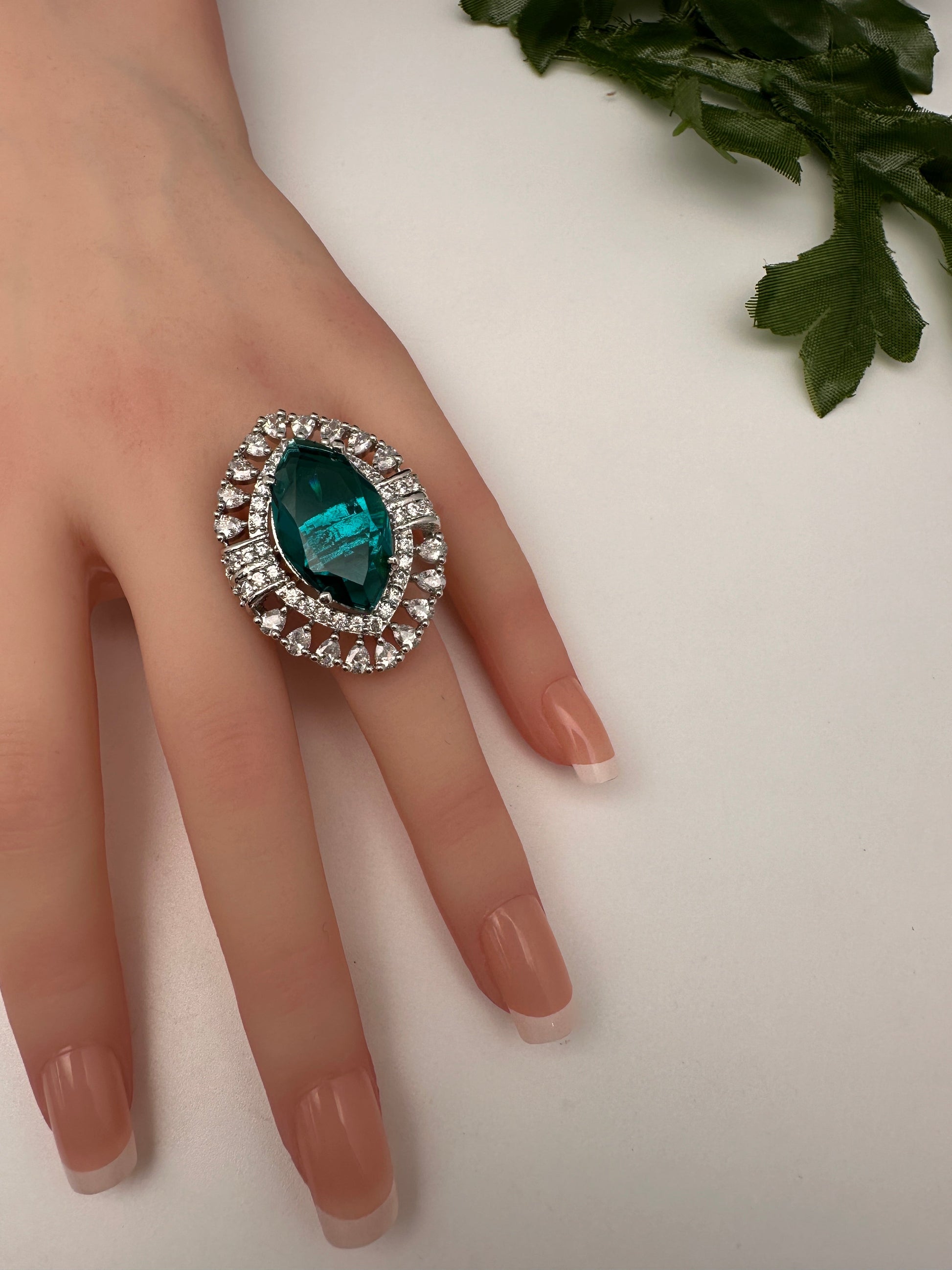 AD Silver Adjustable Color Stone Cocktail Ring - RamaGreen