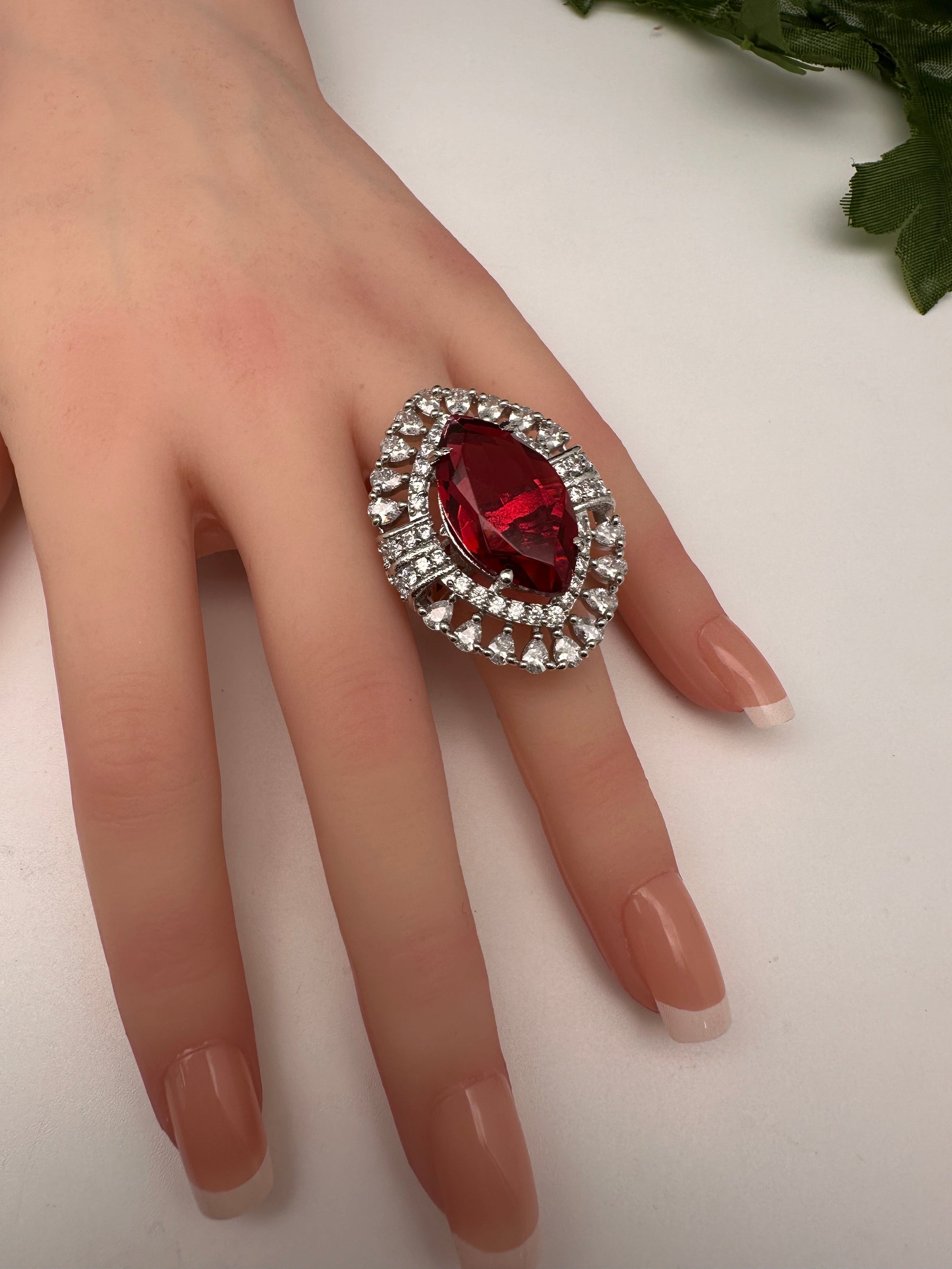 AD Silver Adjustable Color Stone Cocktail Ring - Red