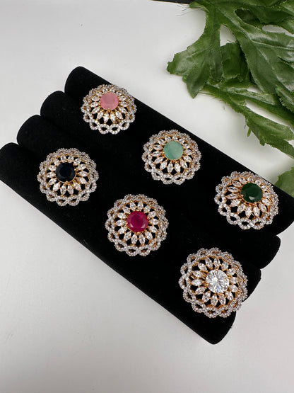 AD Gold Finish Adjustable Color Stone Cocktail Ring - Blue