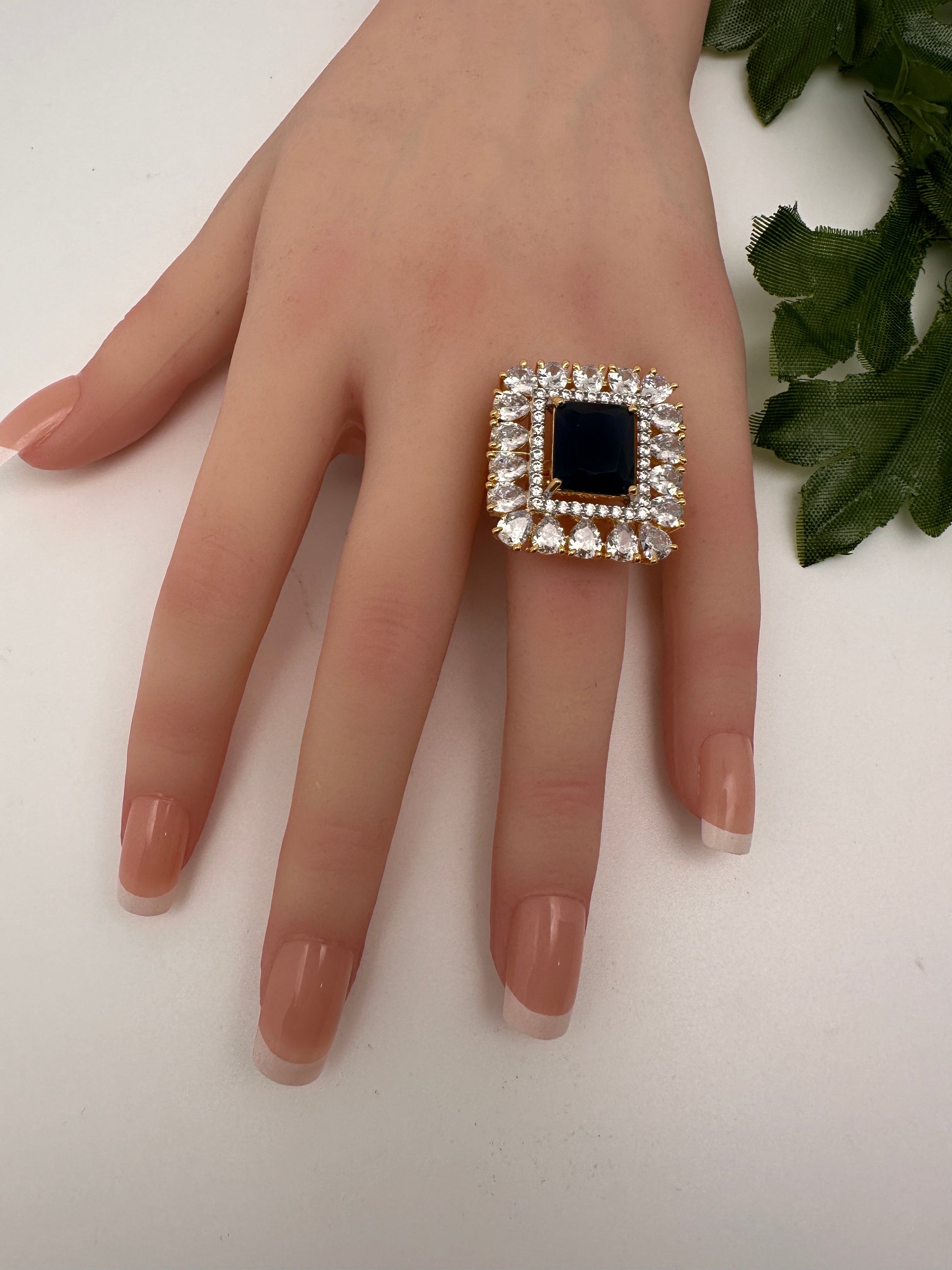 AD Gold Finish Adjustable Color Stone Cocktail Ring - Blue