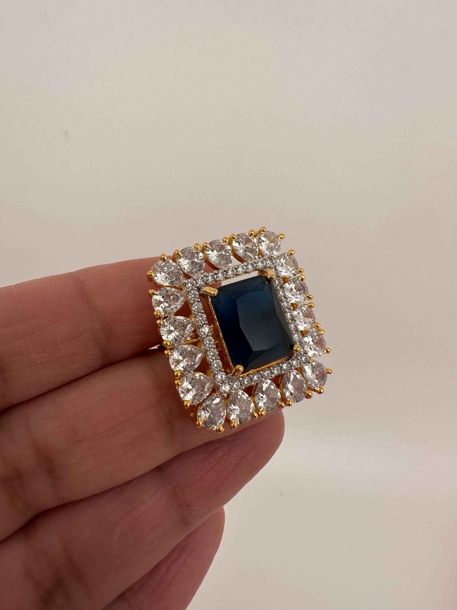 AD Gold Finish Adjustable Color Stone Cocktail Ring - Blue
