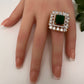AD Gold Finish Adjustable Color Stone Cocktail Ring - Green