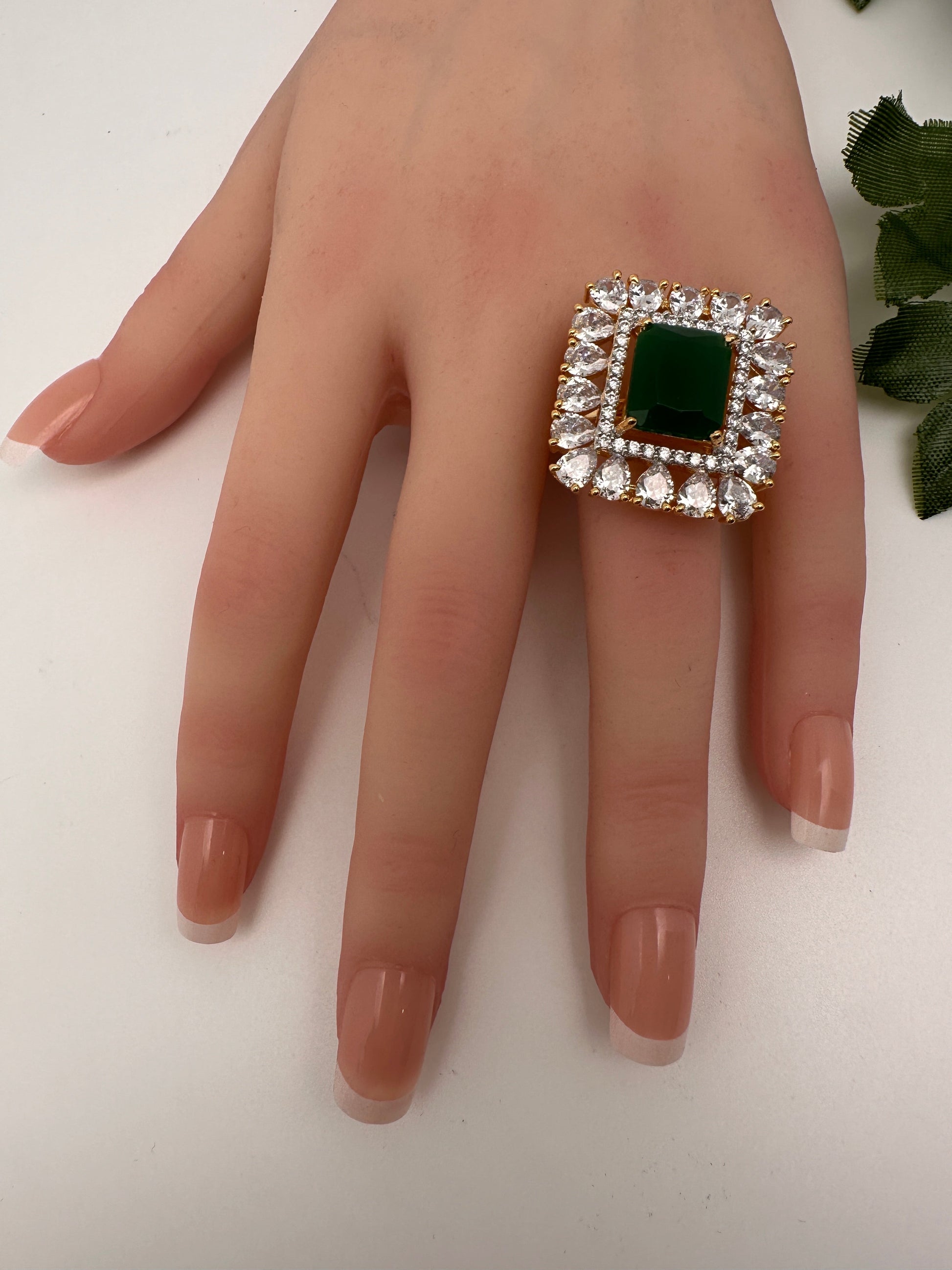 AD Gold Finish Adjustable Color Stone Cocktail Ring - Green