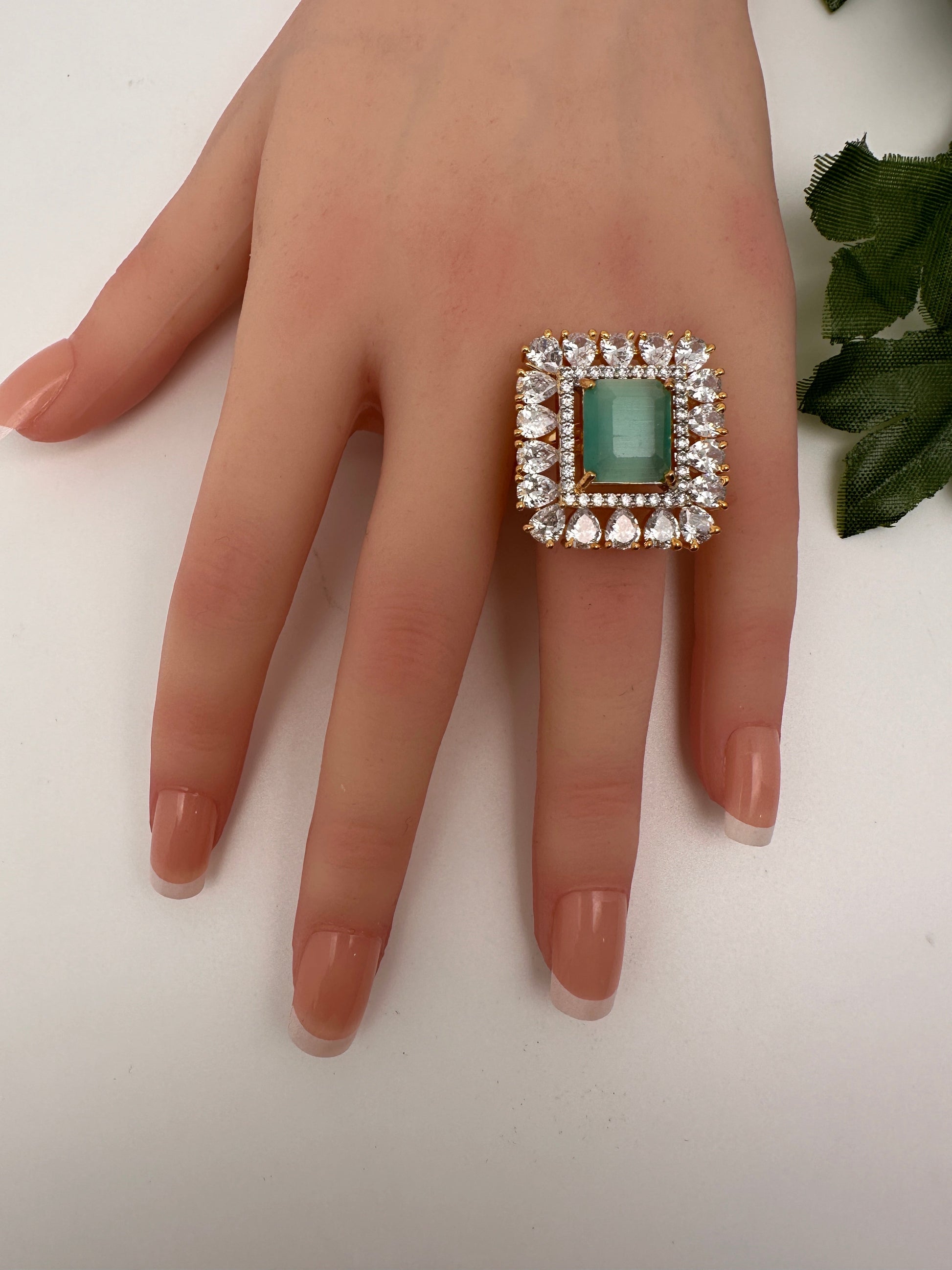 AD Gold Finish Adjustable Color Stone Cocktail Ring - LightGreen