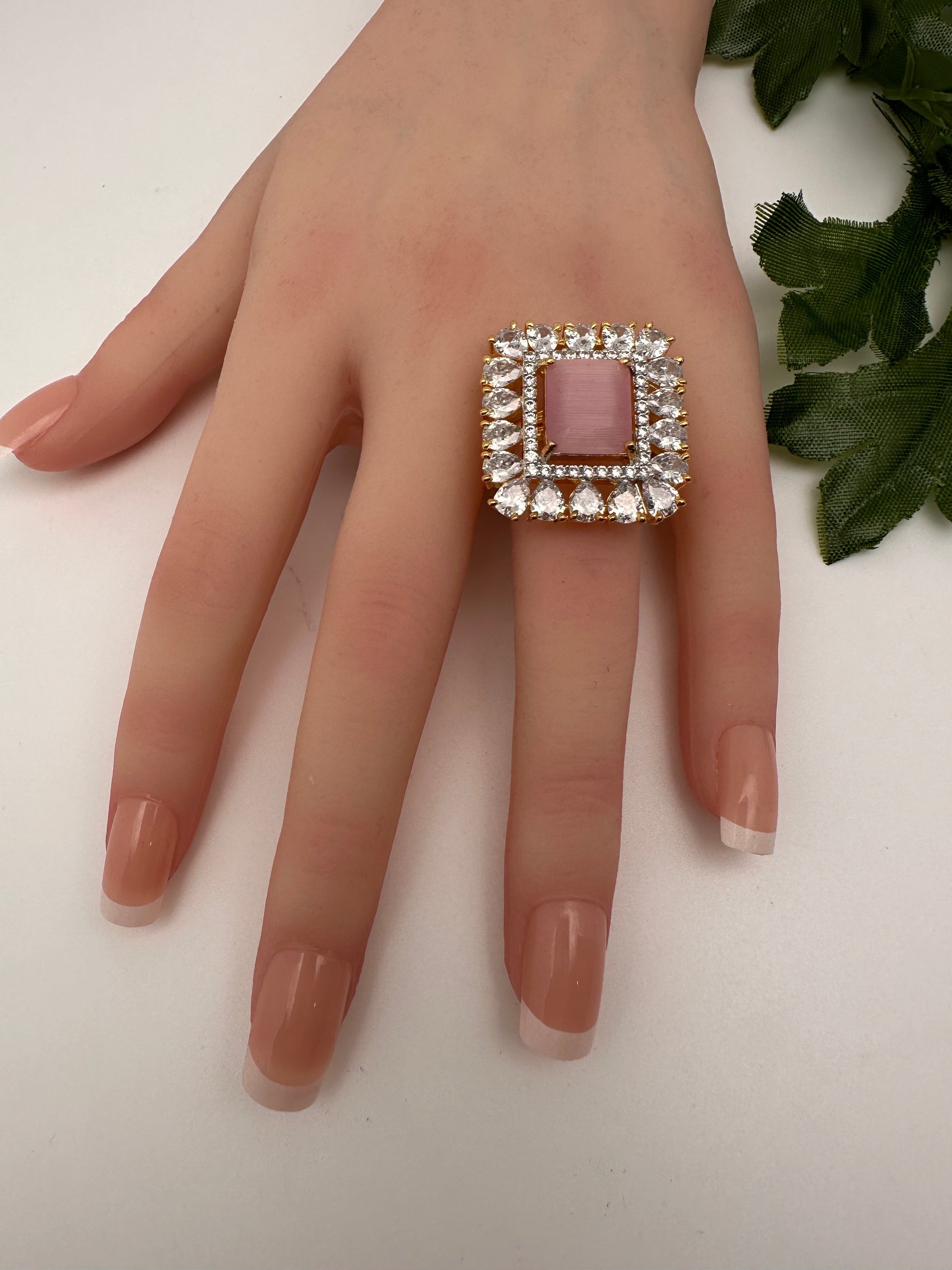 AD Gold Finish Adjustable Color Stone Cocktail Ring - Pink