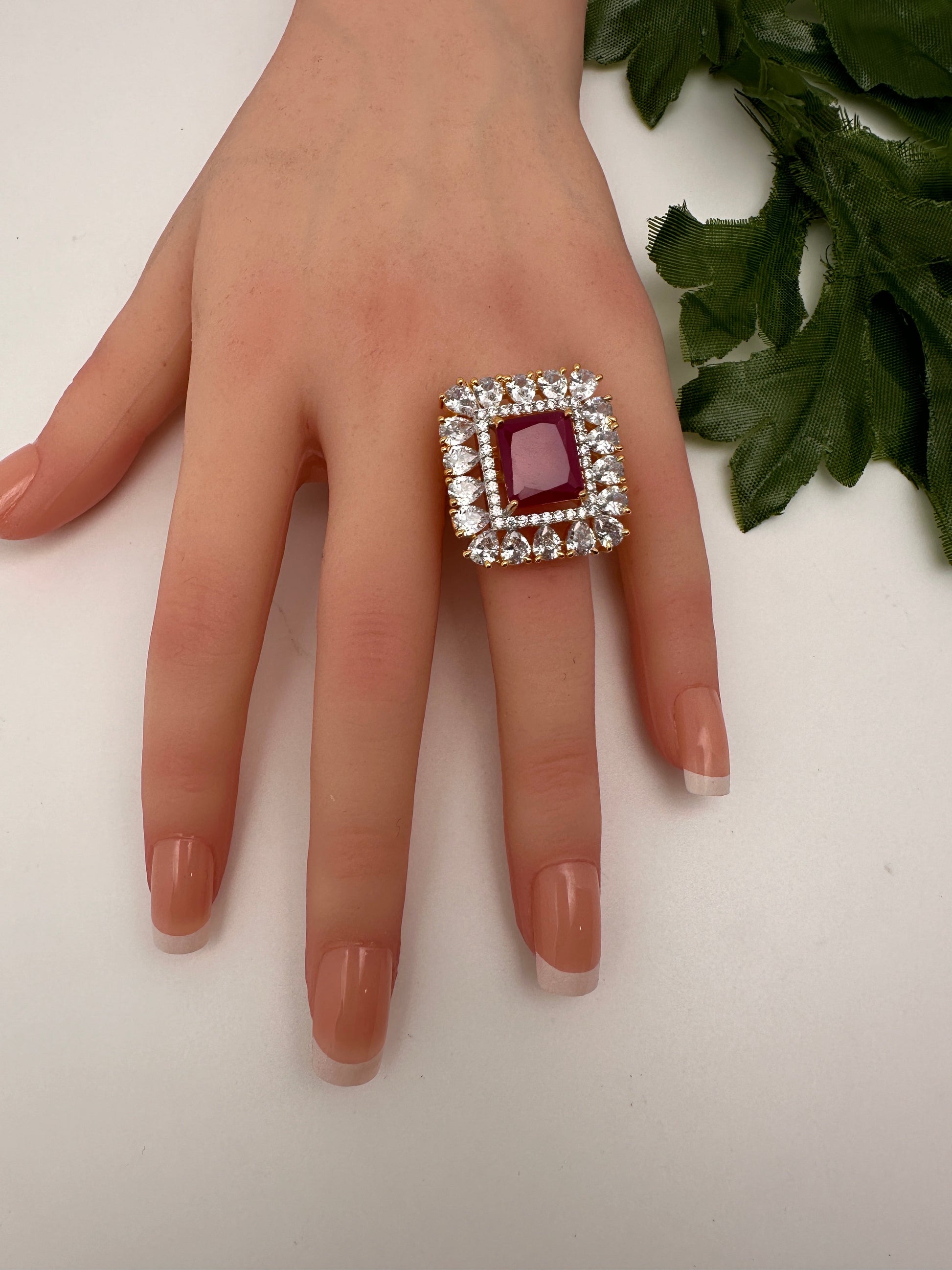 AD Gold Finish Adjustable Color Stone Cocktail Ring - Red