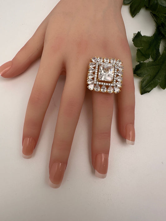 AD Gold Finish Adjustable Color Stone Cocktail Ring - White