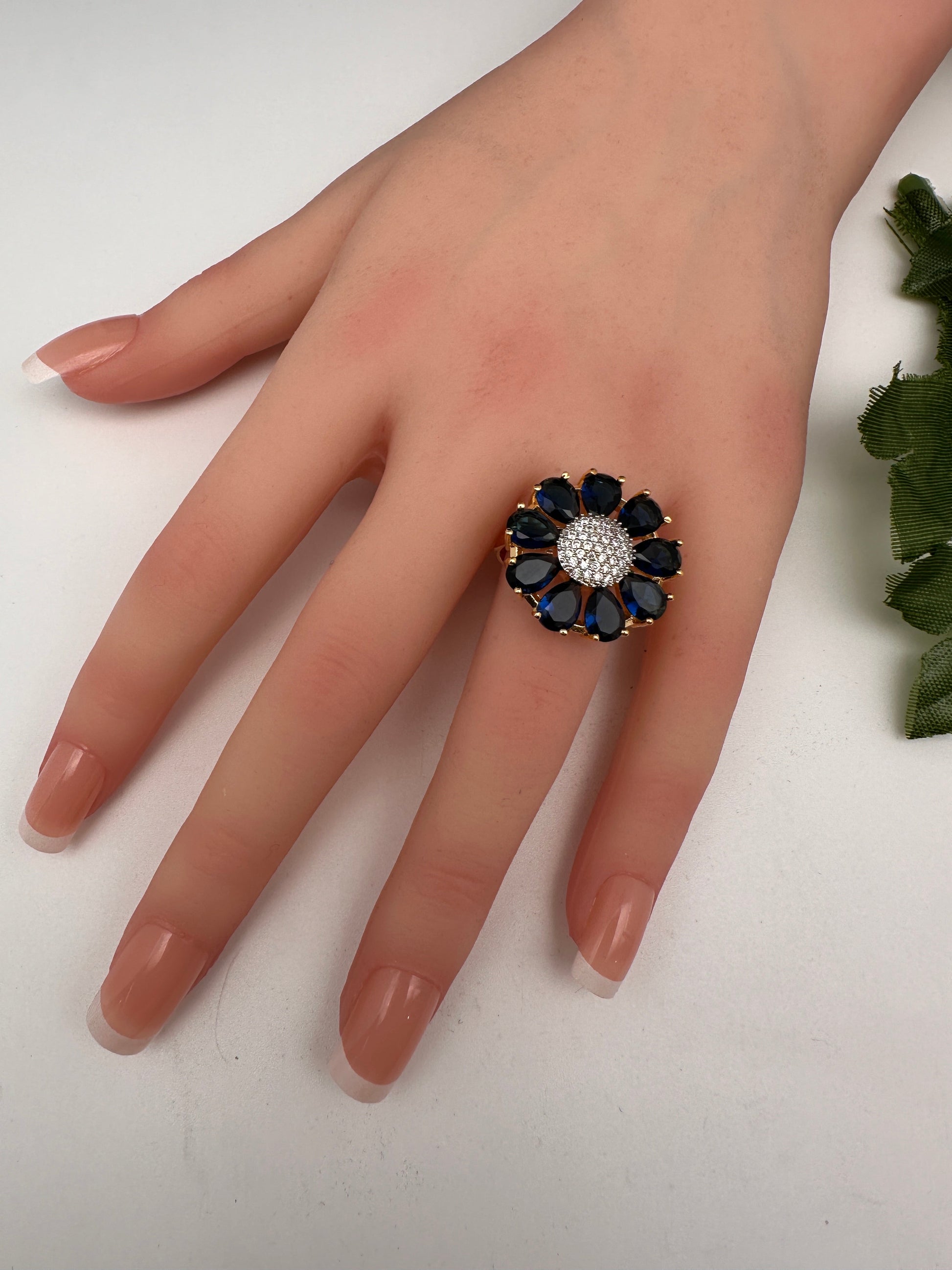 AD Gold Finish Floral Adjustable Color Stone Cocktail Ring - Blue