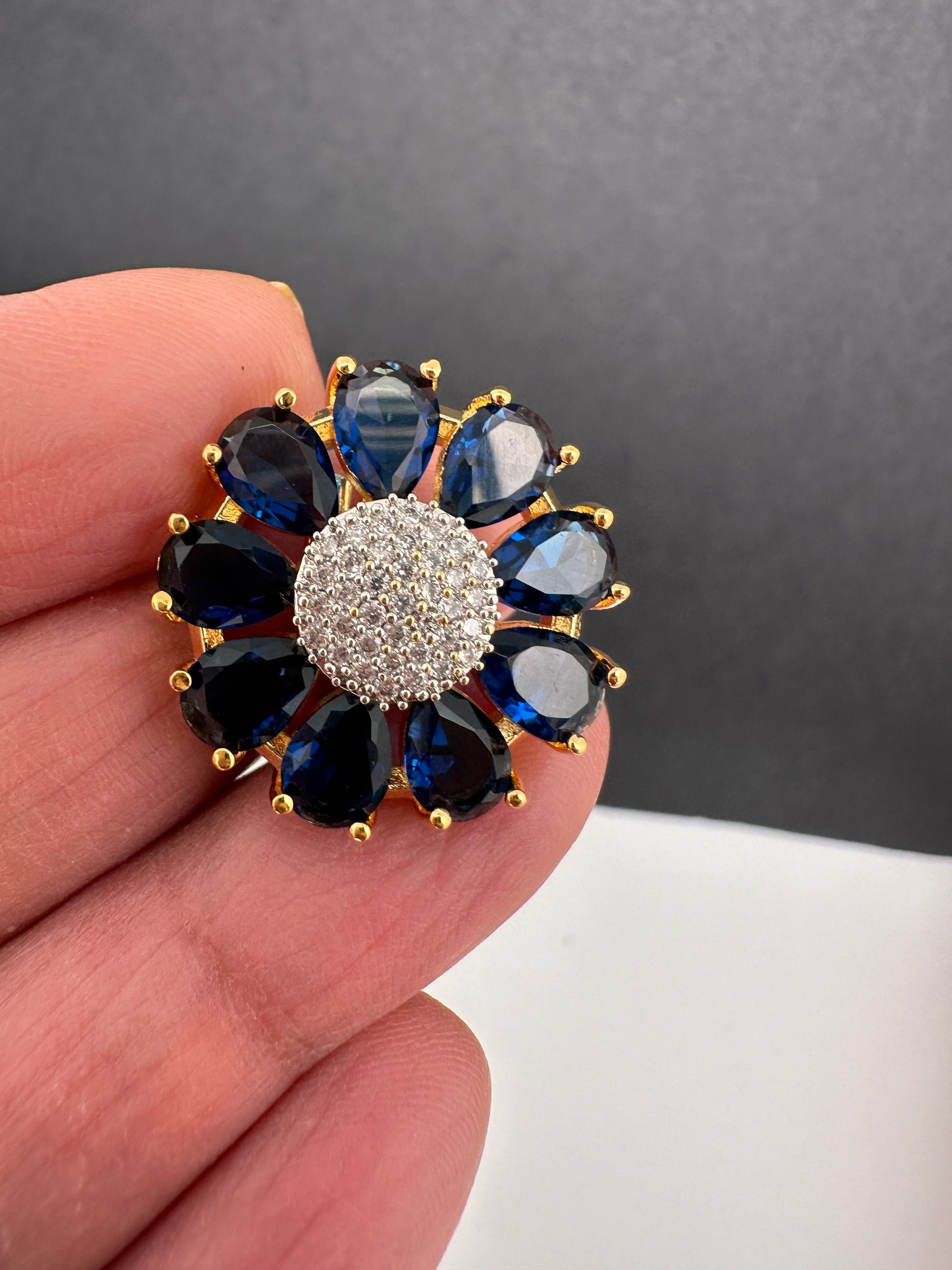 AD Gold Finish Floral Adjustable Color Stone Cocktail Ring - Blue
