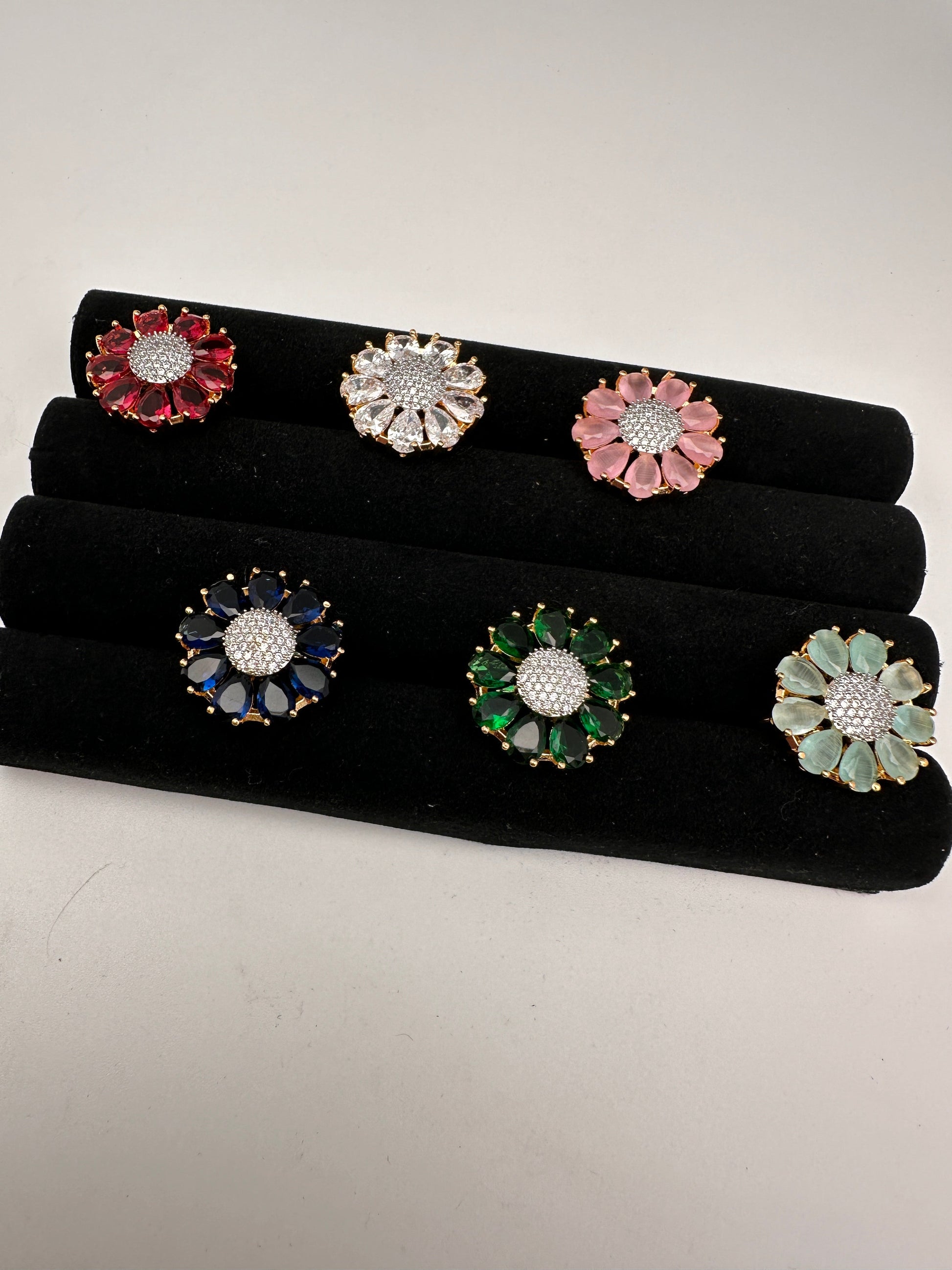 AD Gold Finish Floral Adjustable Color Stone Cocktail Ring - Blue