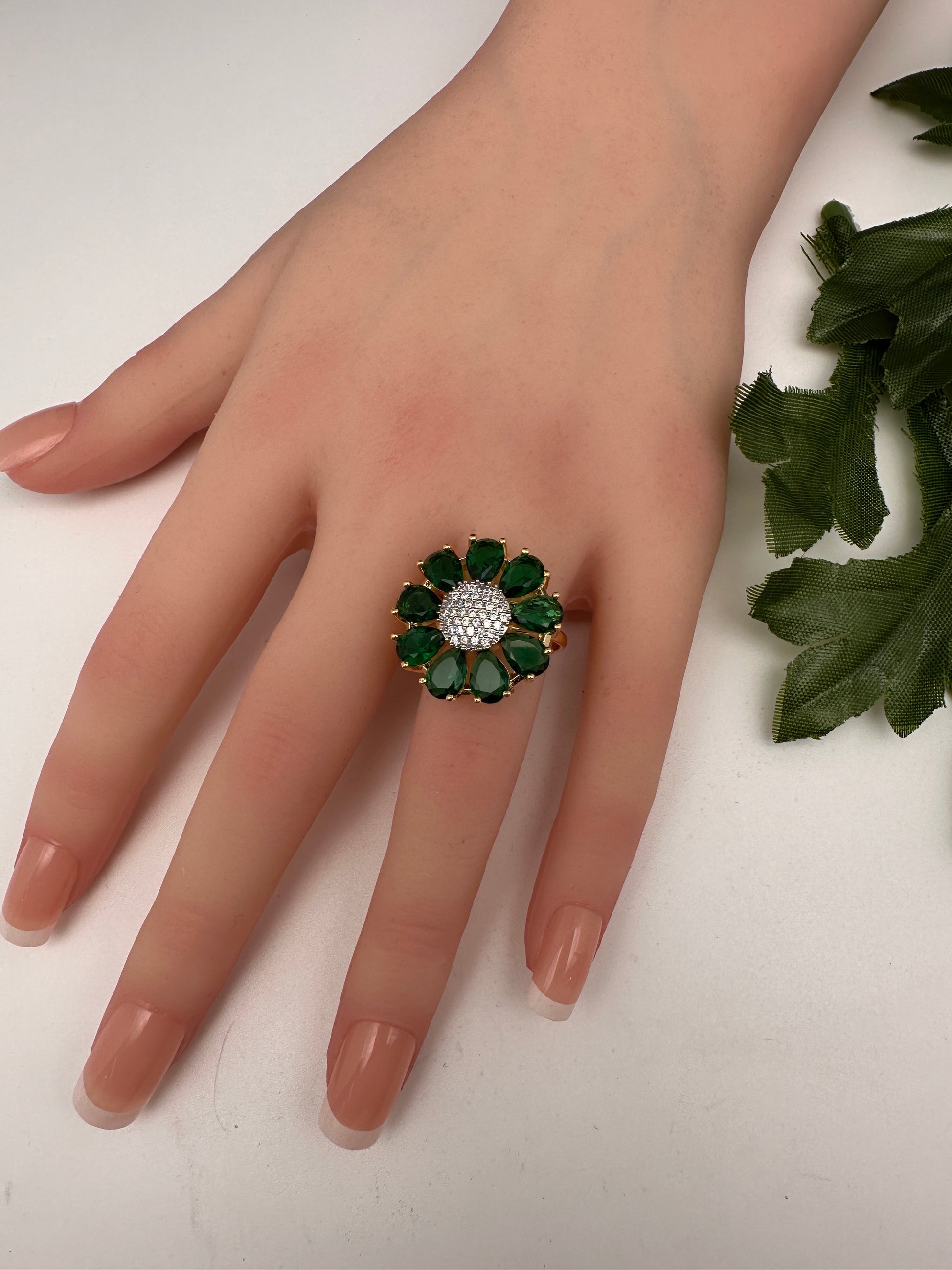 AD Gold FinishFloral Adjustable Color Stone Cocktail Ring - Green