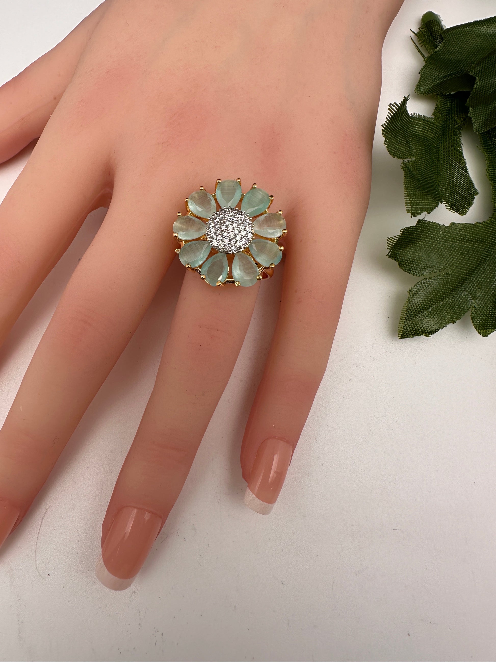 AD Gold Finish Floral Adjustable Color Stone Cocktail Ring - LightGreen