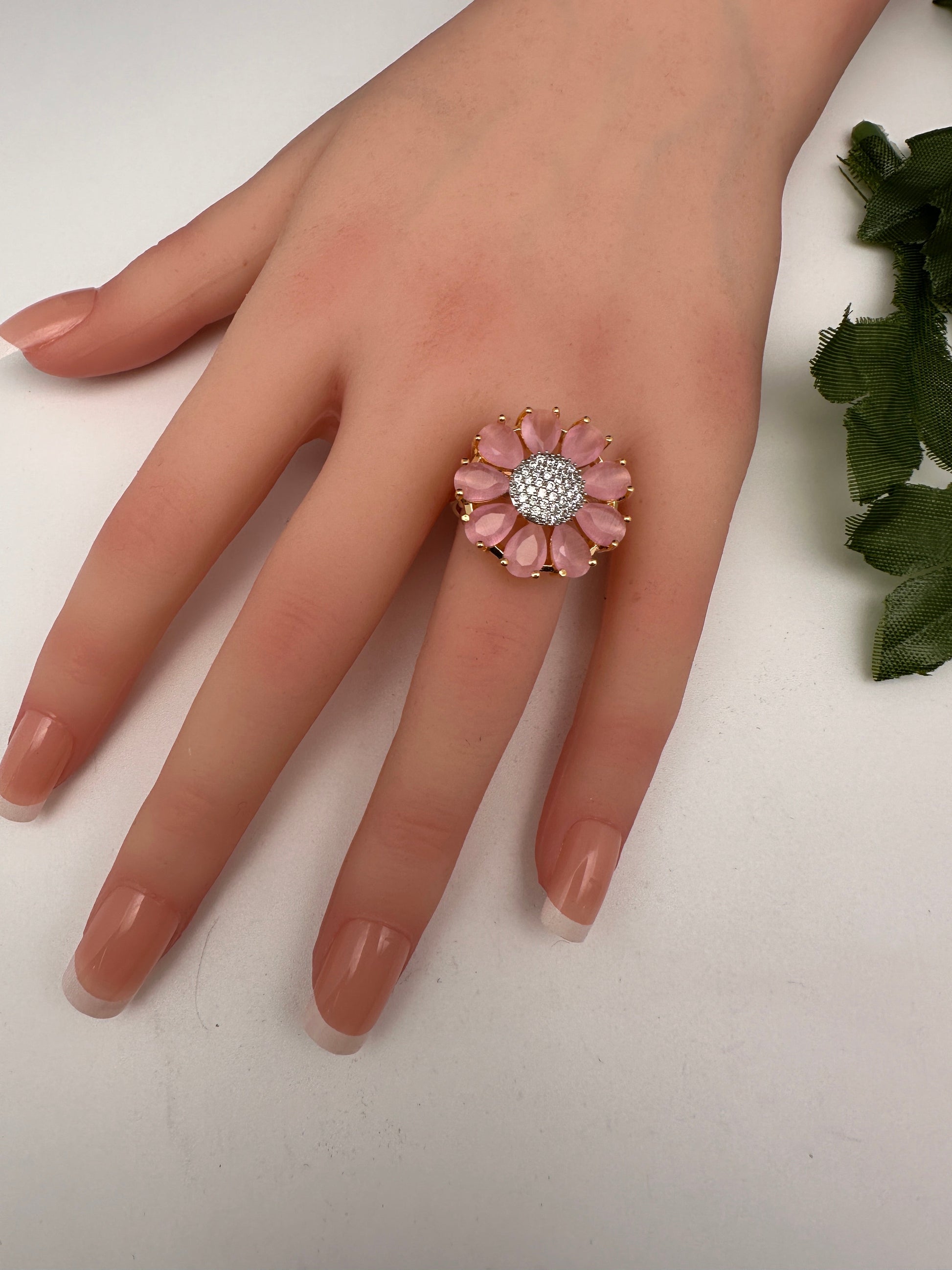 AD Gold Finish Floral Adjustable Color Stone Cocktail Ring - Pink