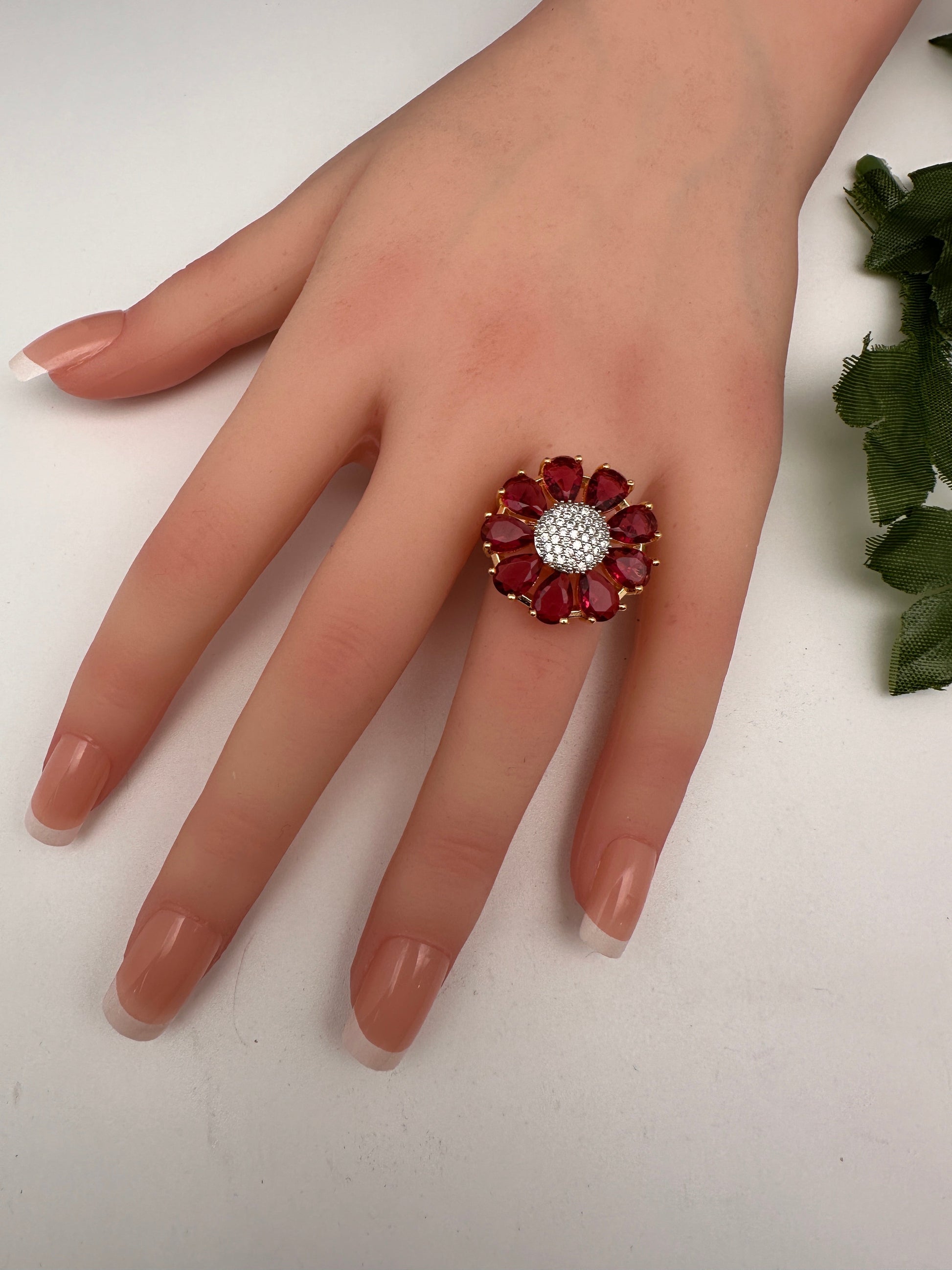 AD Gold Finish Floral Adjustable Color Stone Cocktail Ring - Red