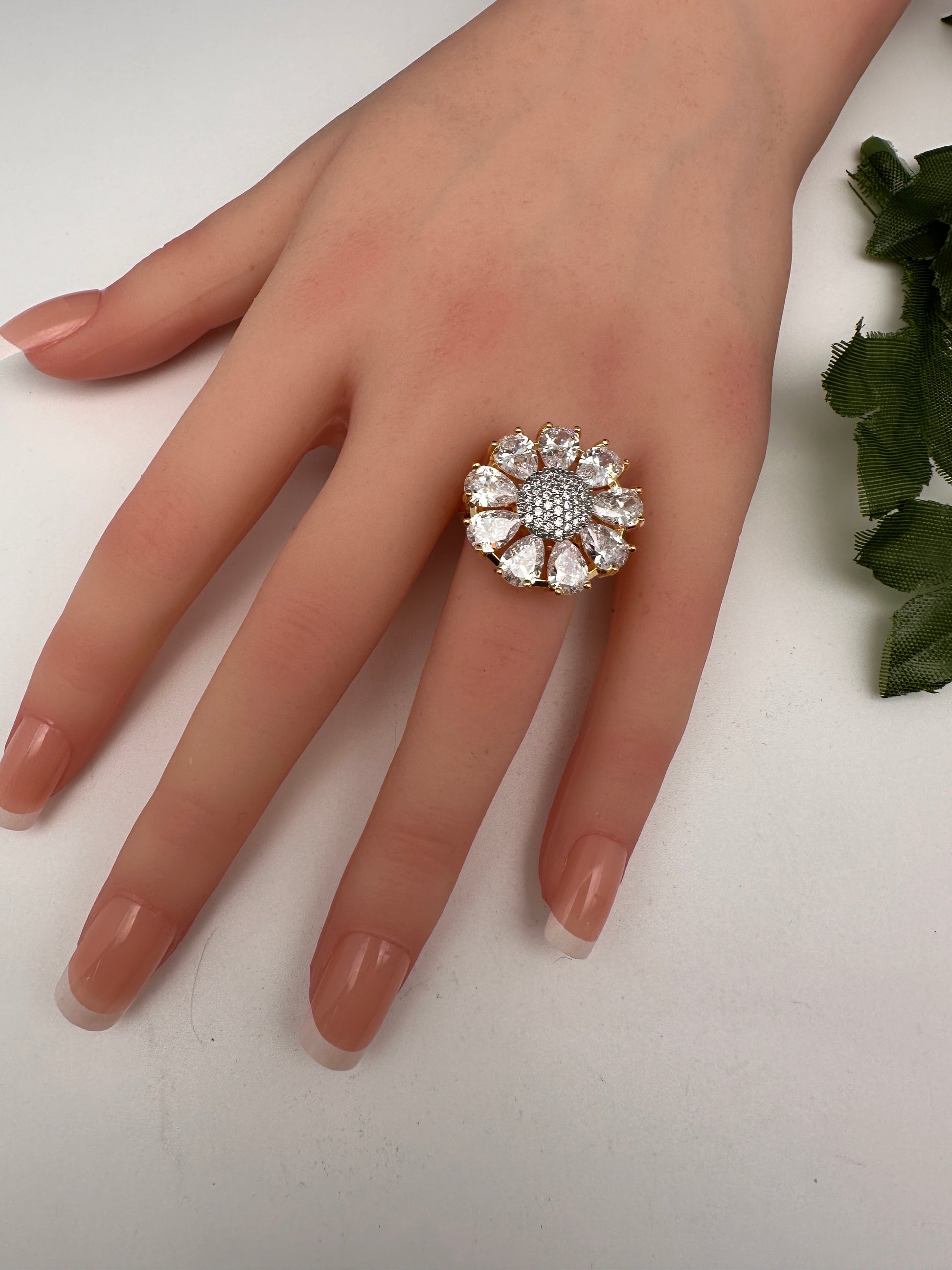 AD Gold FinishFloral Adjustable Color Stone Cocktail Ring - White