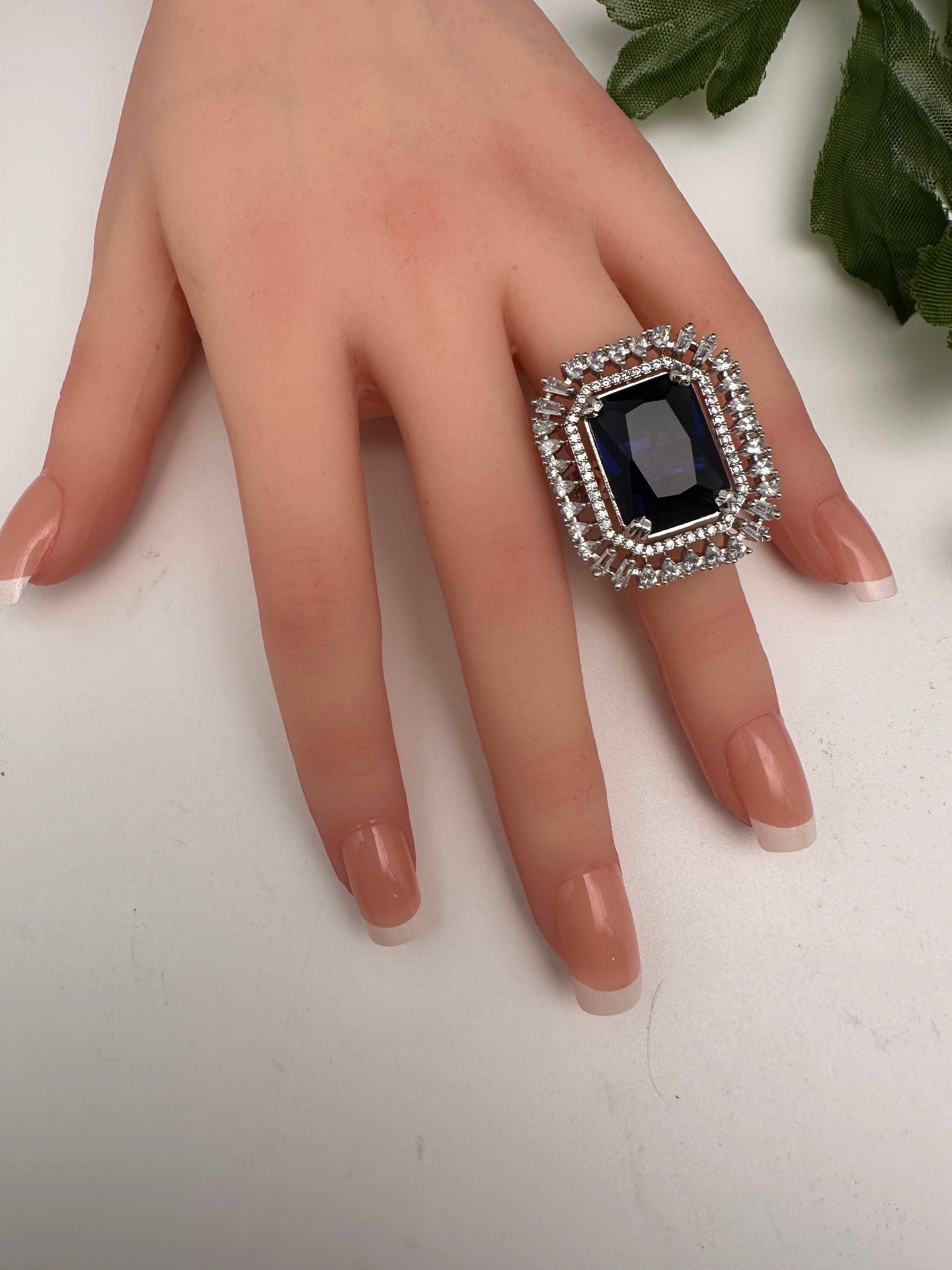CZ Silver Finish Adjustable Color Stone Cocktail Ring - Blue