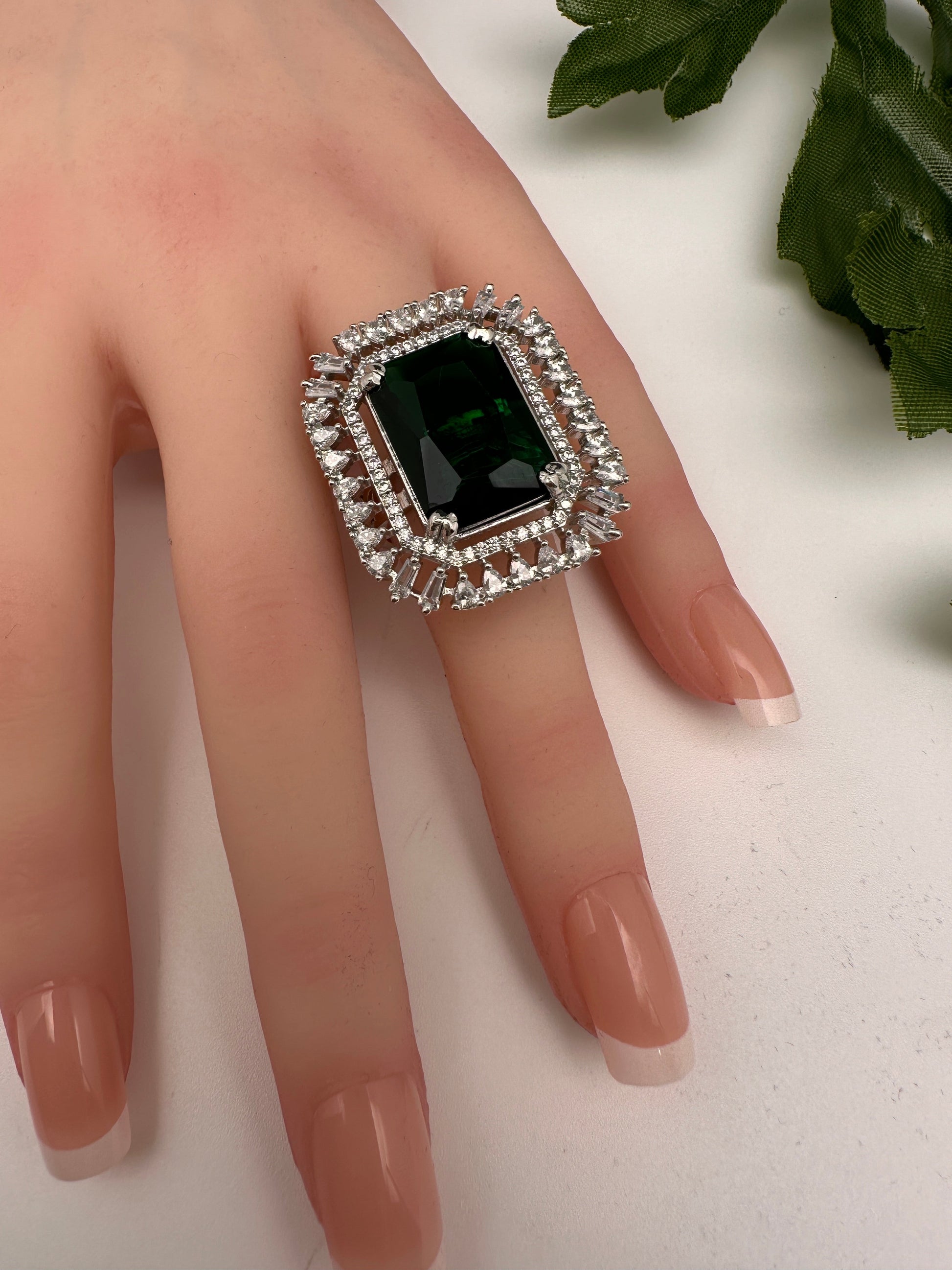 CZ Silver Finish Adjustable Color Stone Cocktail Ring - Green
