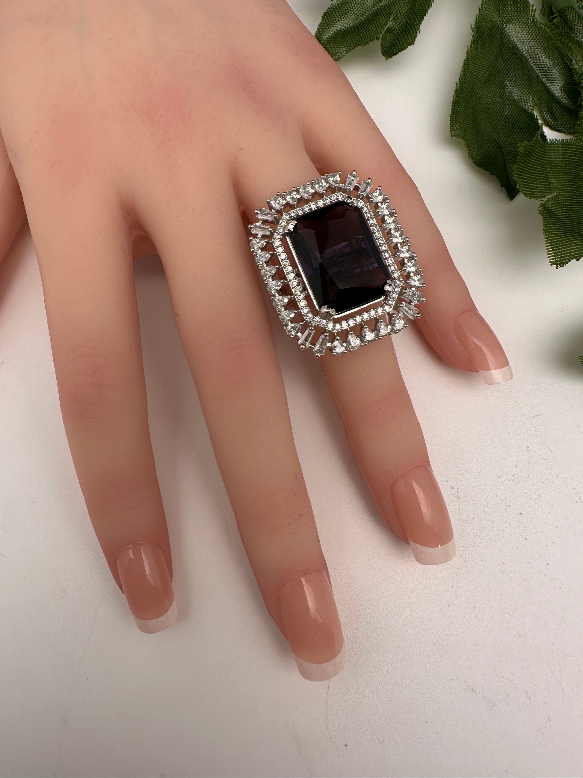 CZ Silver Finish Adjustable Color Stone Cocktail Ring - Purple