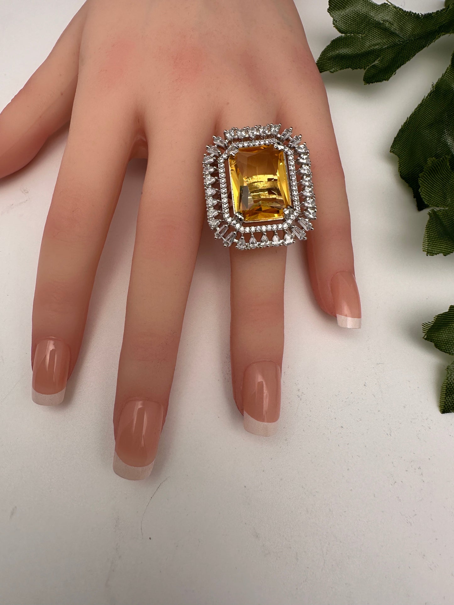 CZ Silver Finish Adjustable Color Stone Cocktail Ring - Yellow