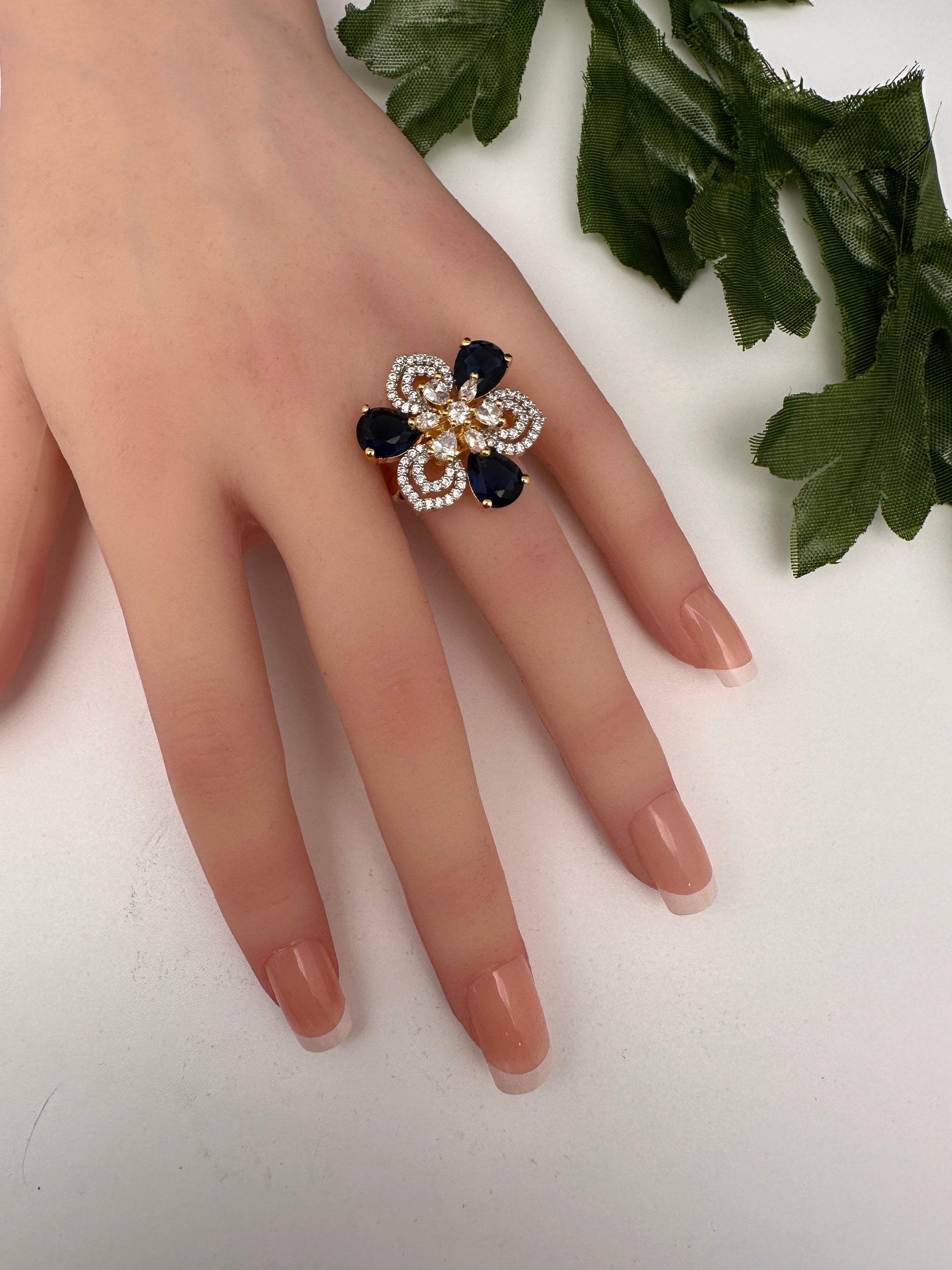 AD Gold Adjustable Color Stone Cocktail Ring - Blue