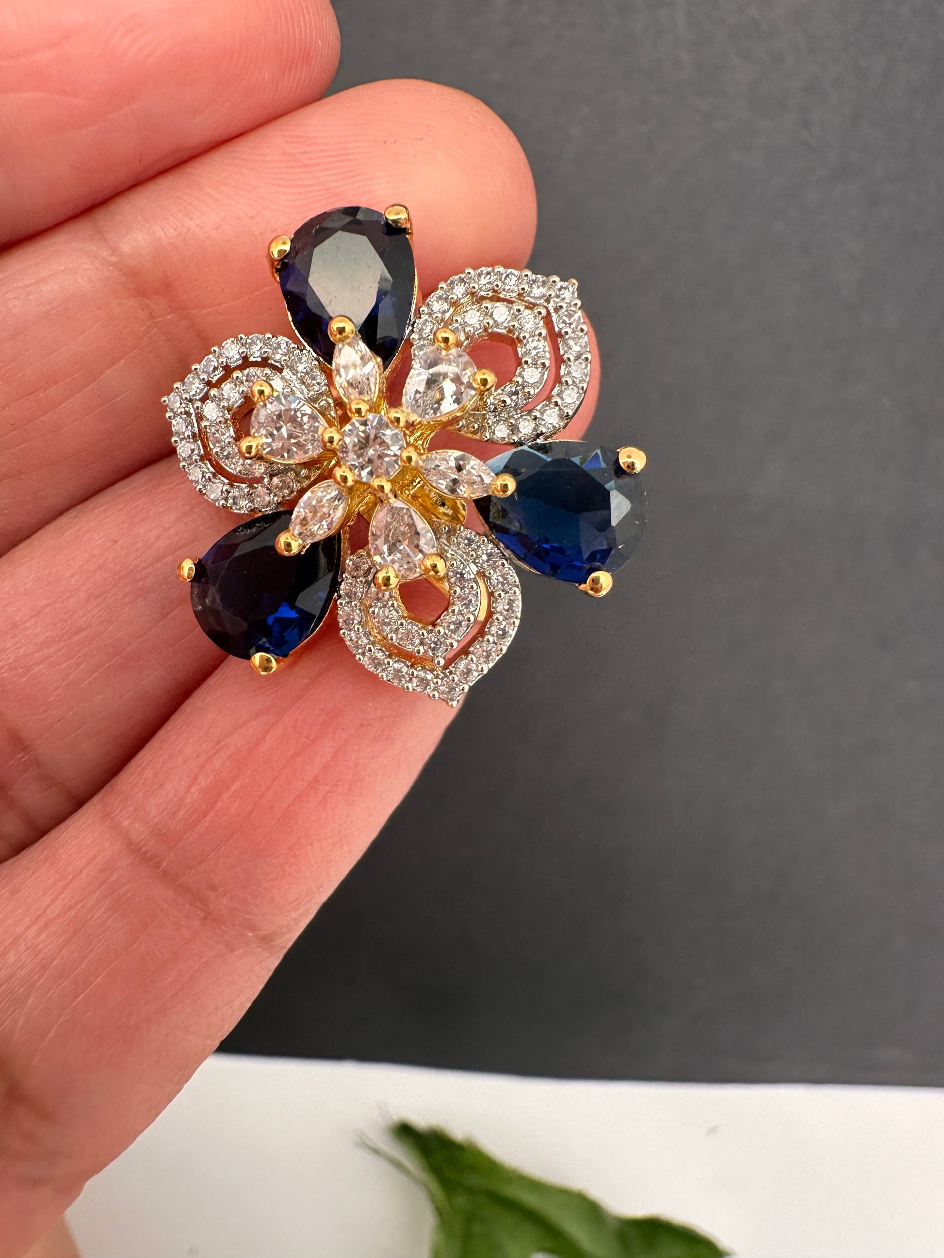 AD Gold Adjustable Color Stone Cocktail Ring - Blue