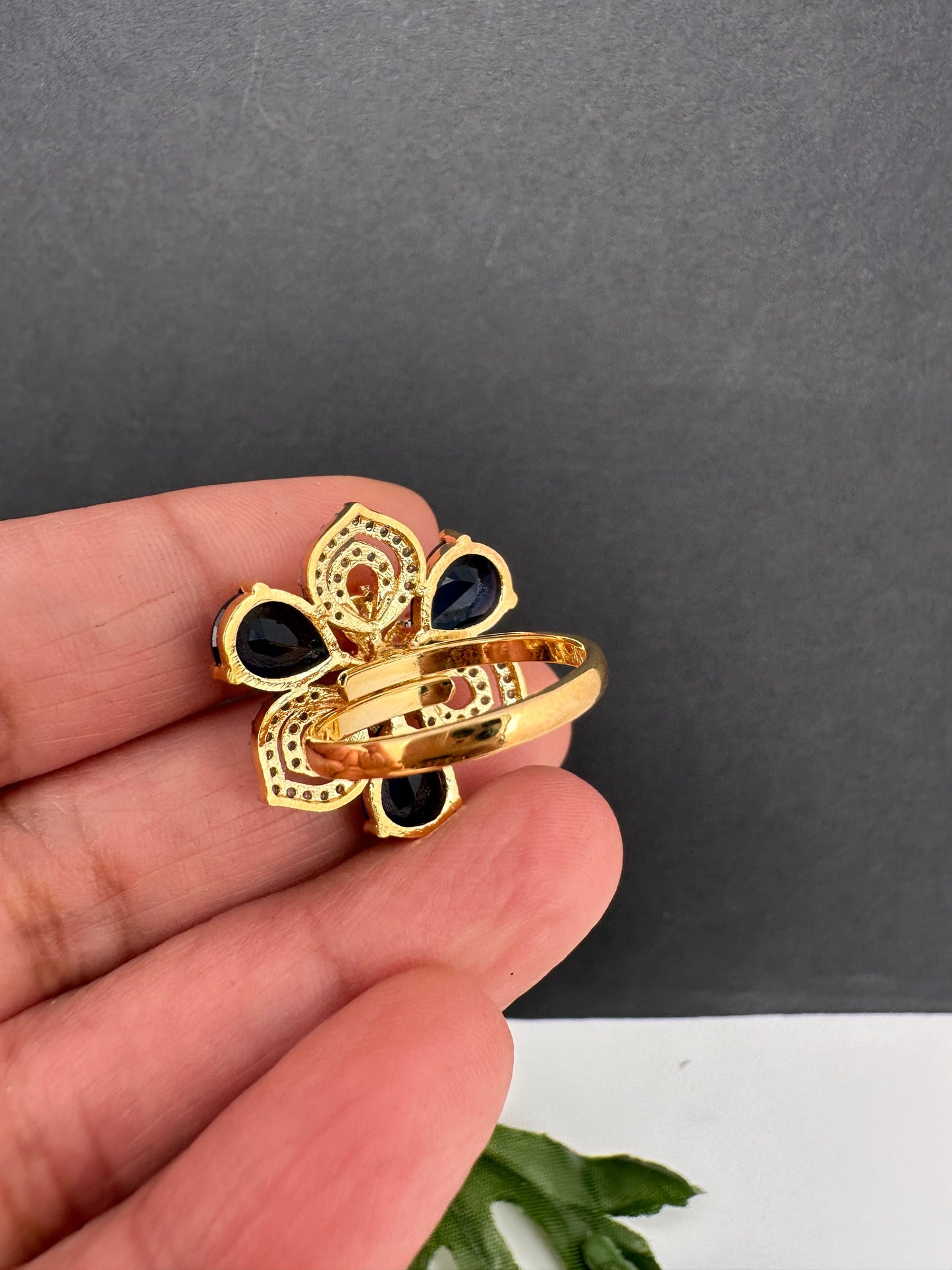 AD Gold Adjustable Color Stone Cocktail Ring - Blue