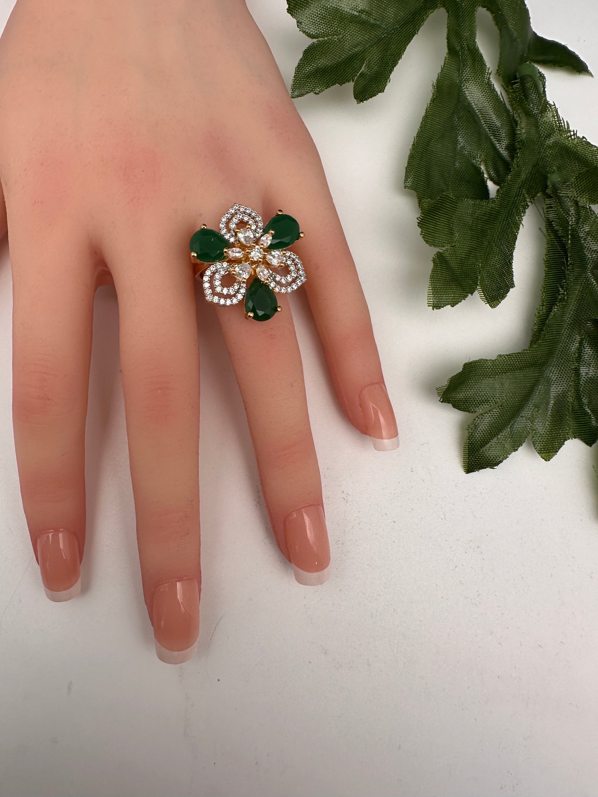 AD Gold Adjustable Color Stone Cocktail Ring - Green