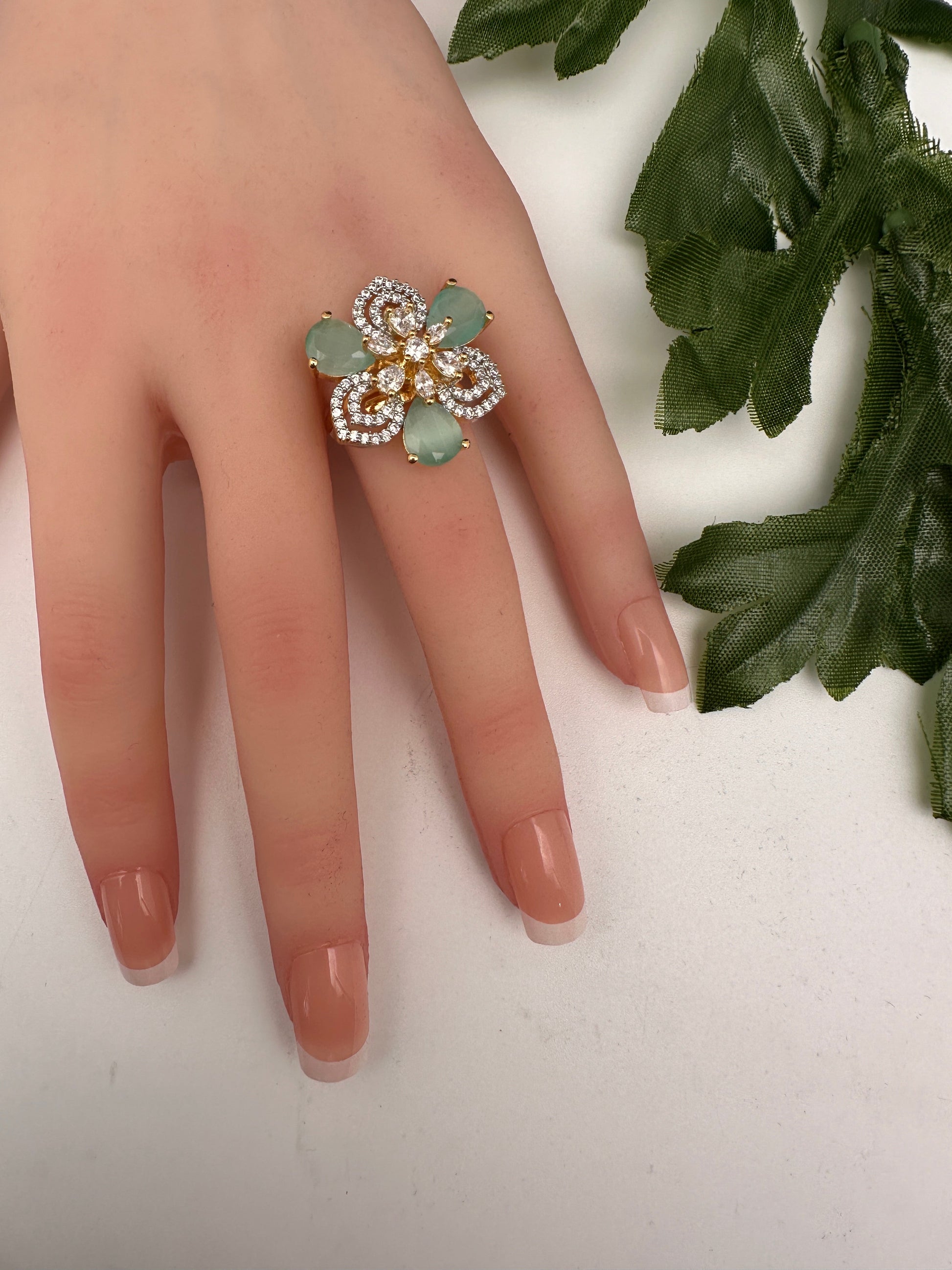 AD Gold Adjustable Color Stone Cocktail Ring - LightGreen