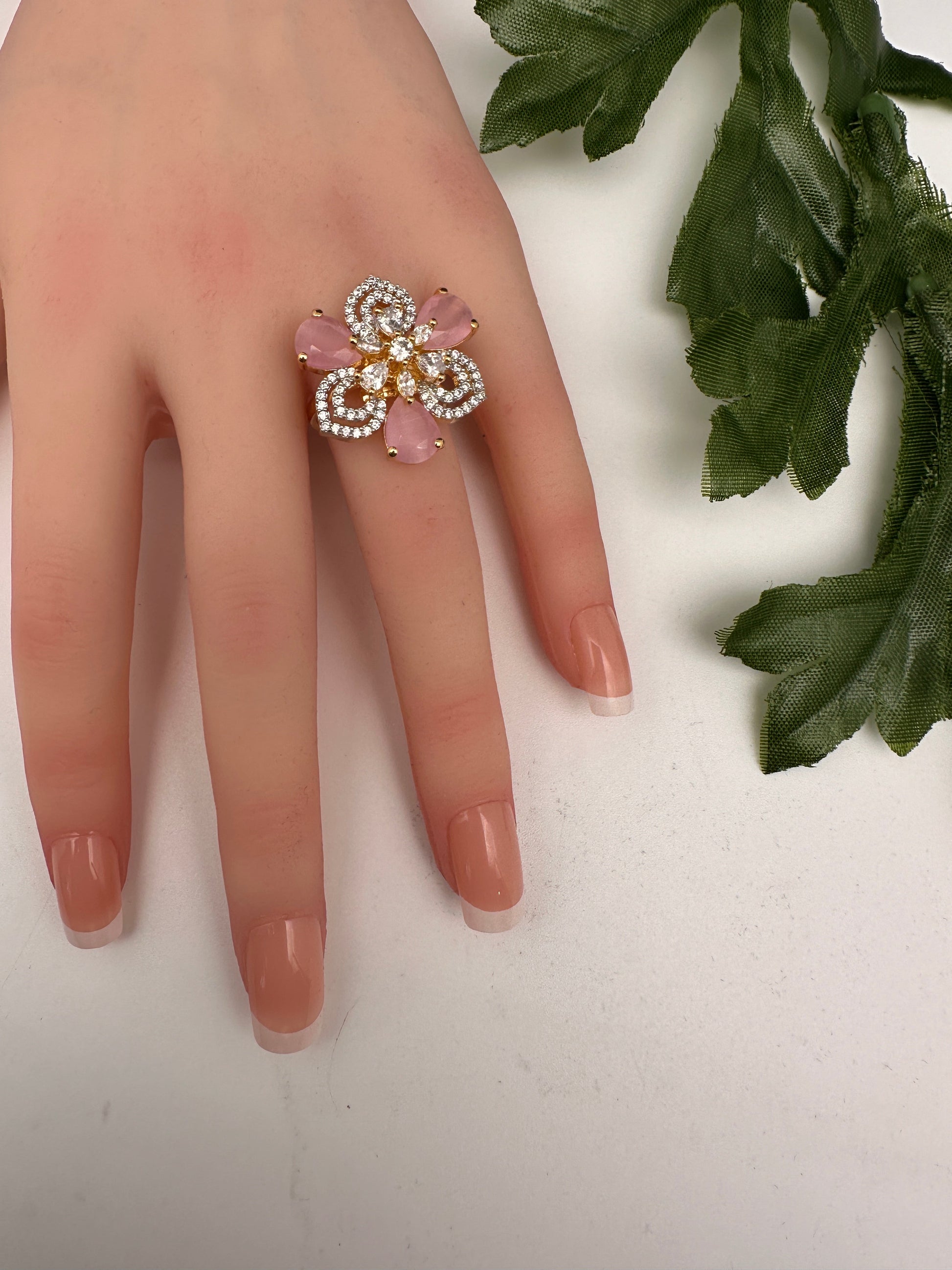 AD Gold Adjustable Color Stone Cocktail Ring - Pink