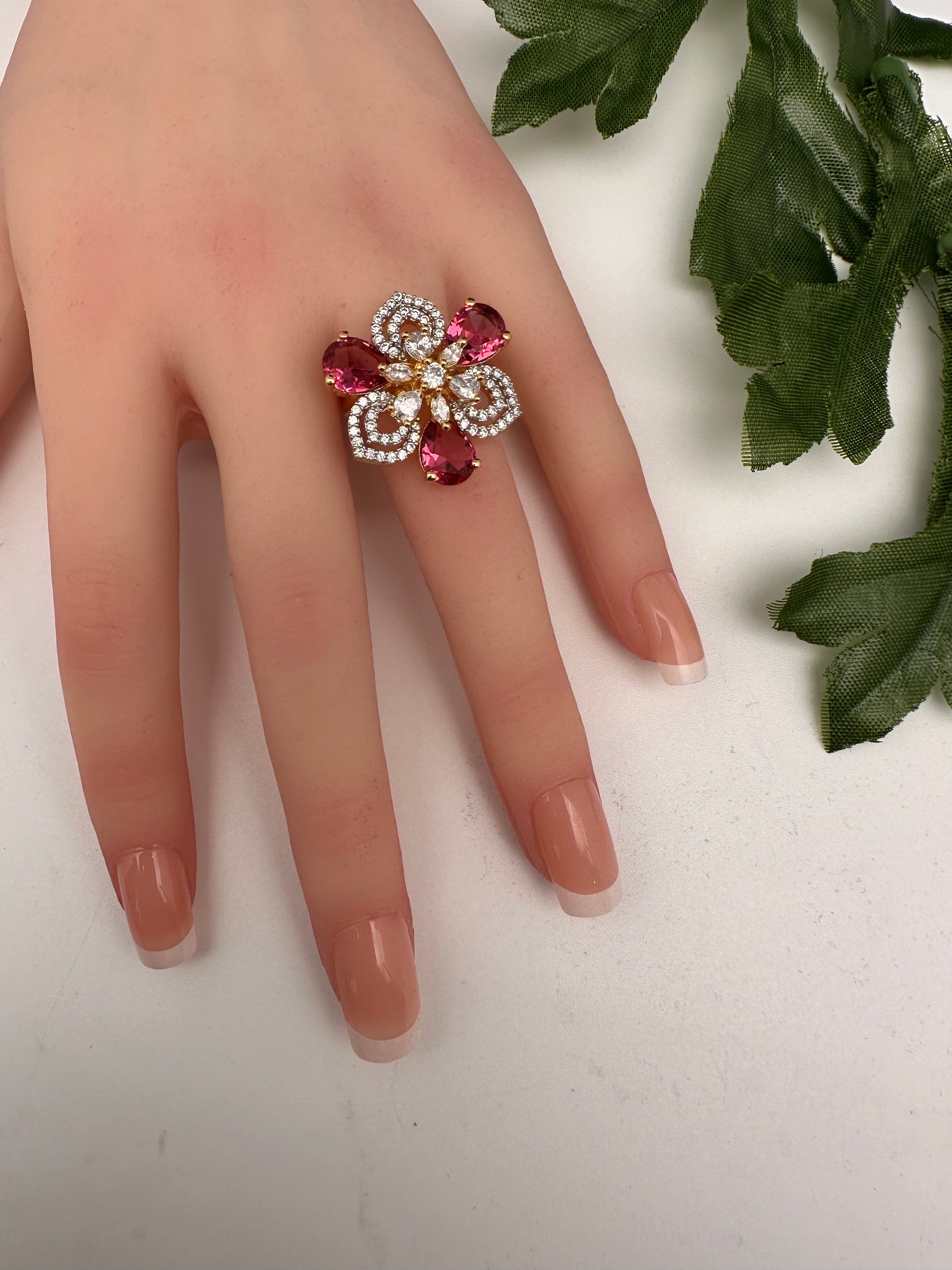 AD Gold Adjustable Color Stone Cocktail Ring - Red