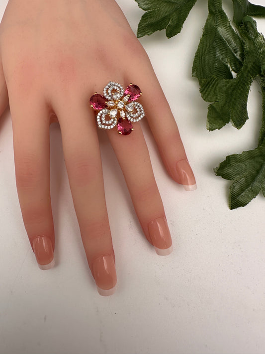 AD Gold Adjustable Color Stone Cocktail Ring - Red