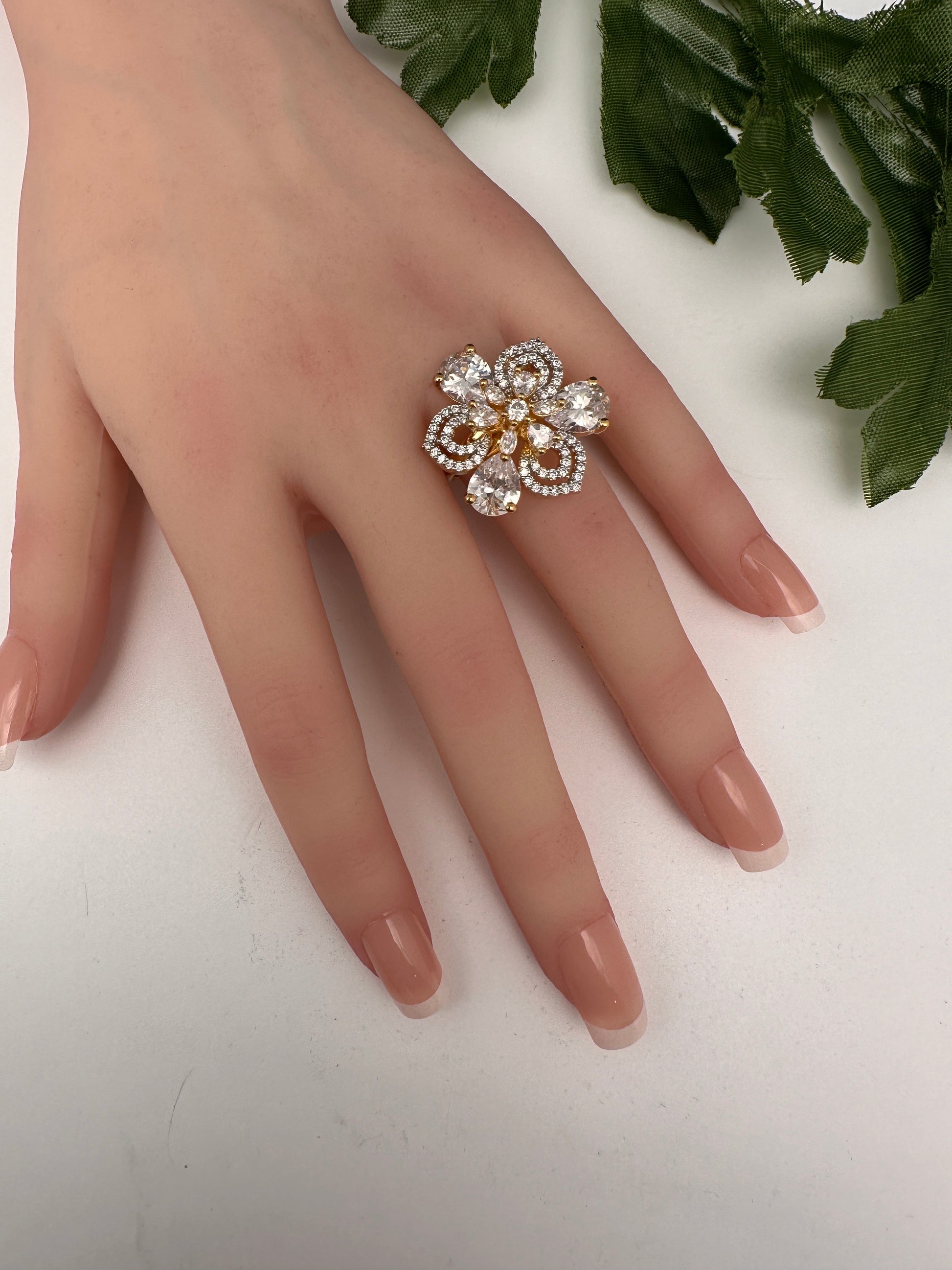 AD Gold Adjustable Color Stone Cocktail Ring - White