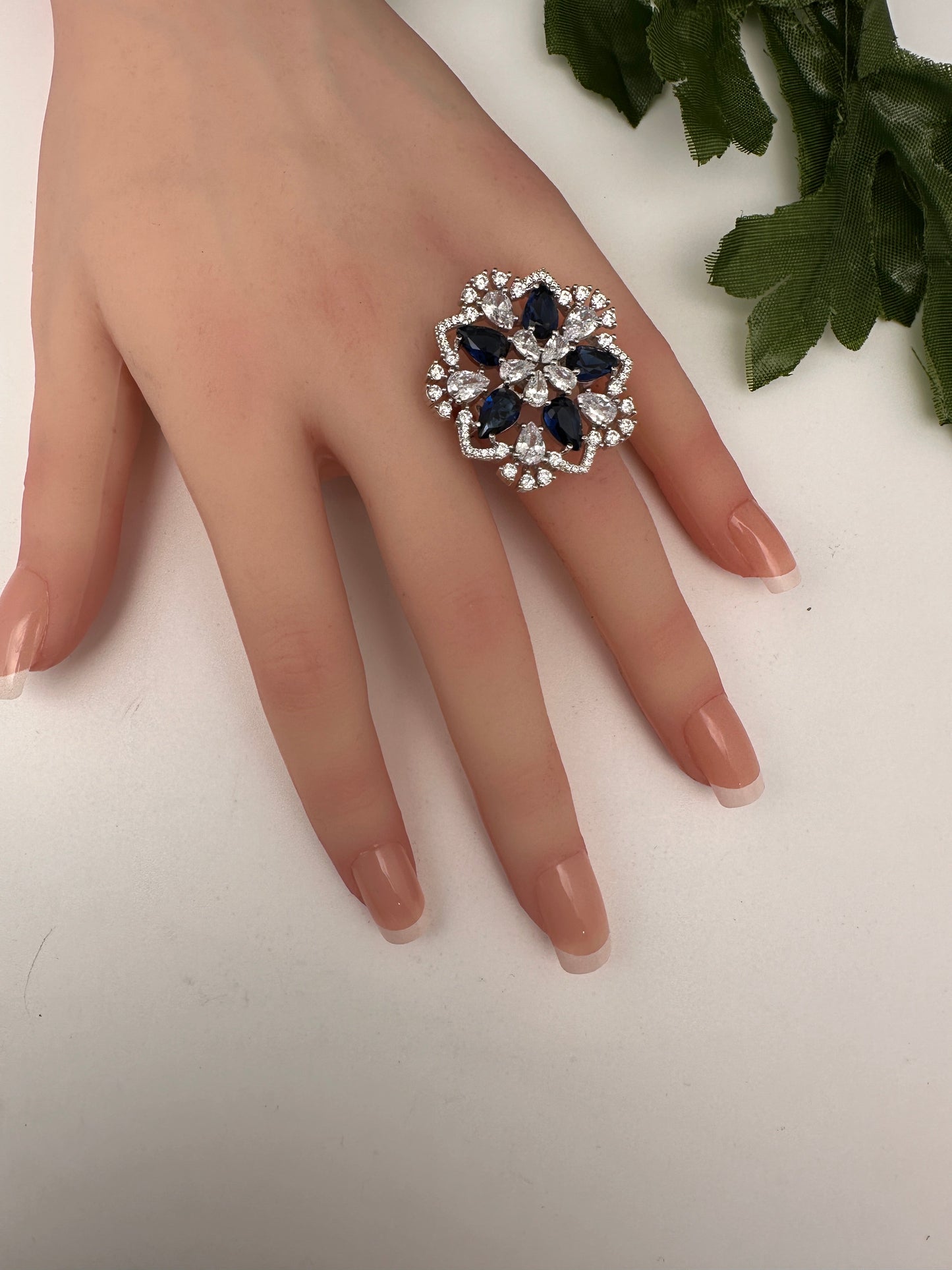 AD Silver Adjustable Color Stone Cocktail Ring - Blue