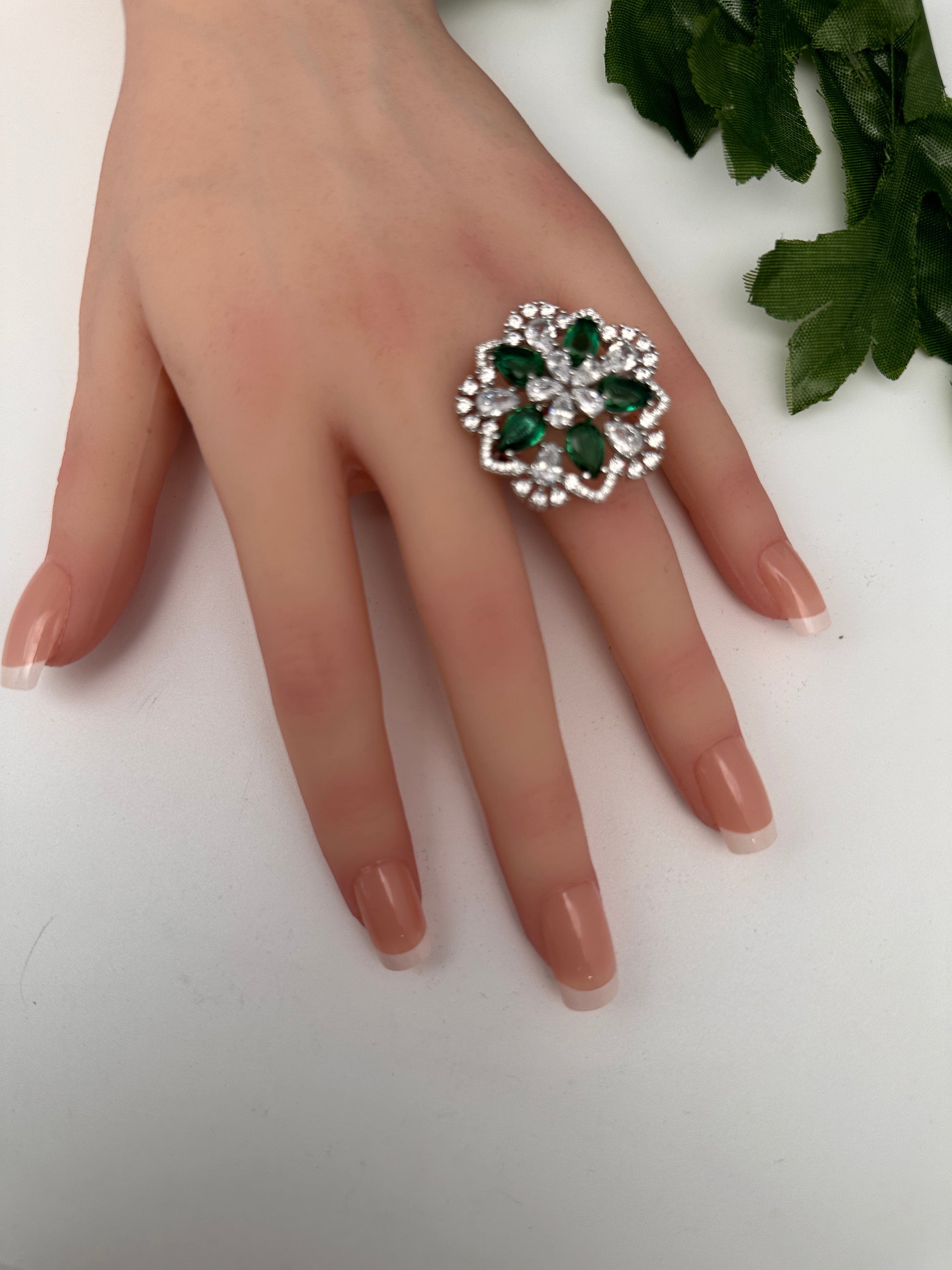 AD Silver Adjustable Color Stone Cocktail Ring - Green