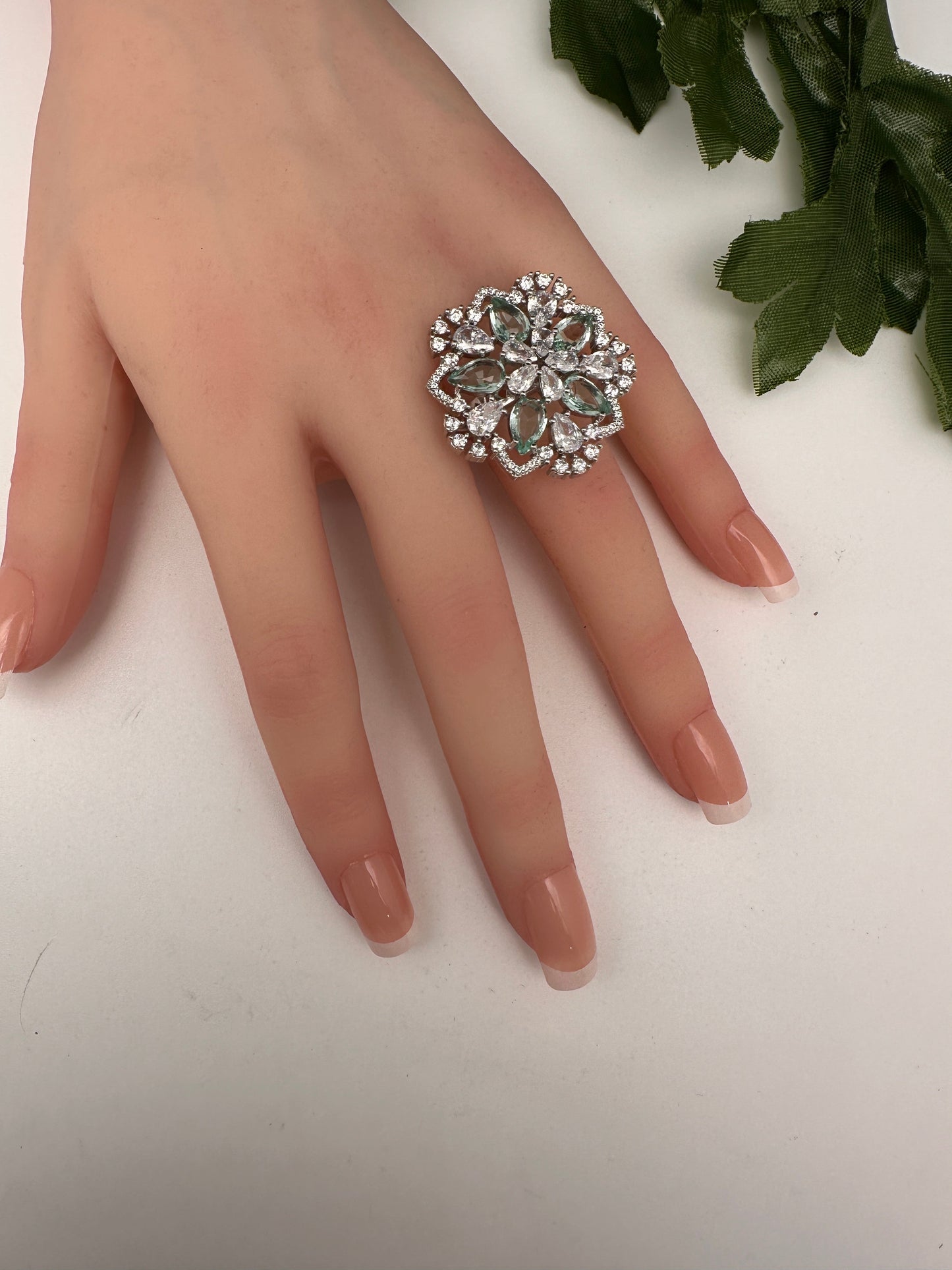 AD Silver Adjustable Color Stone Cocktail Ring - LightGreen