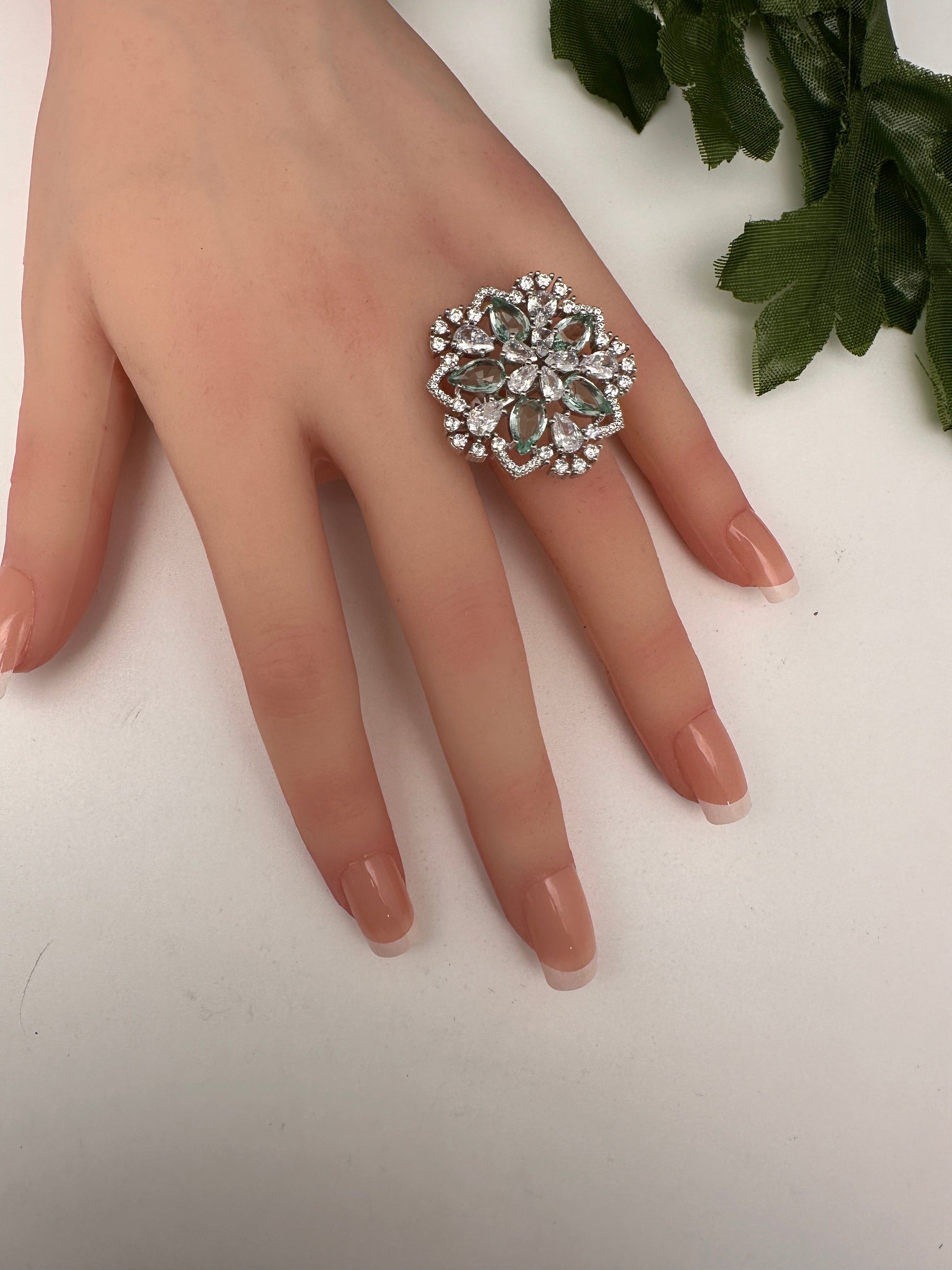 AD Silver Adjustable Color Stone Cocktail Ring - LightGreen