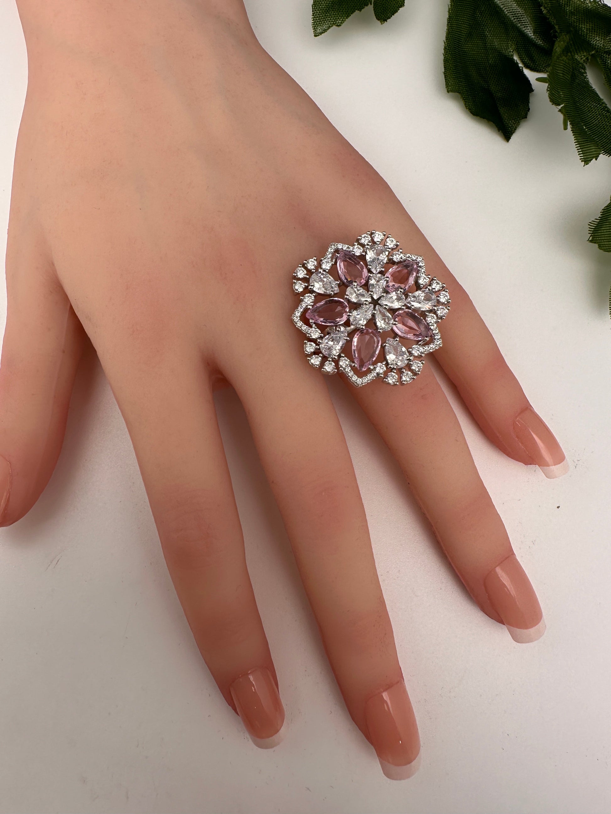 AD Silver Adjustable Color Stone Cocktail Ring - Pink