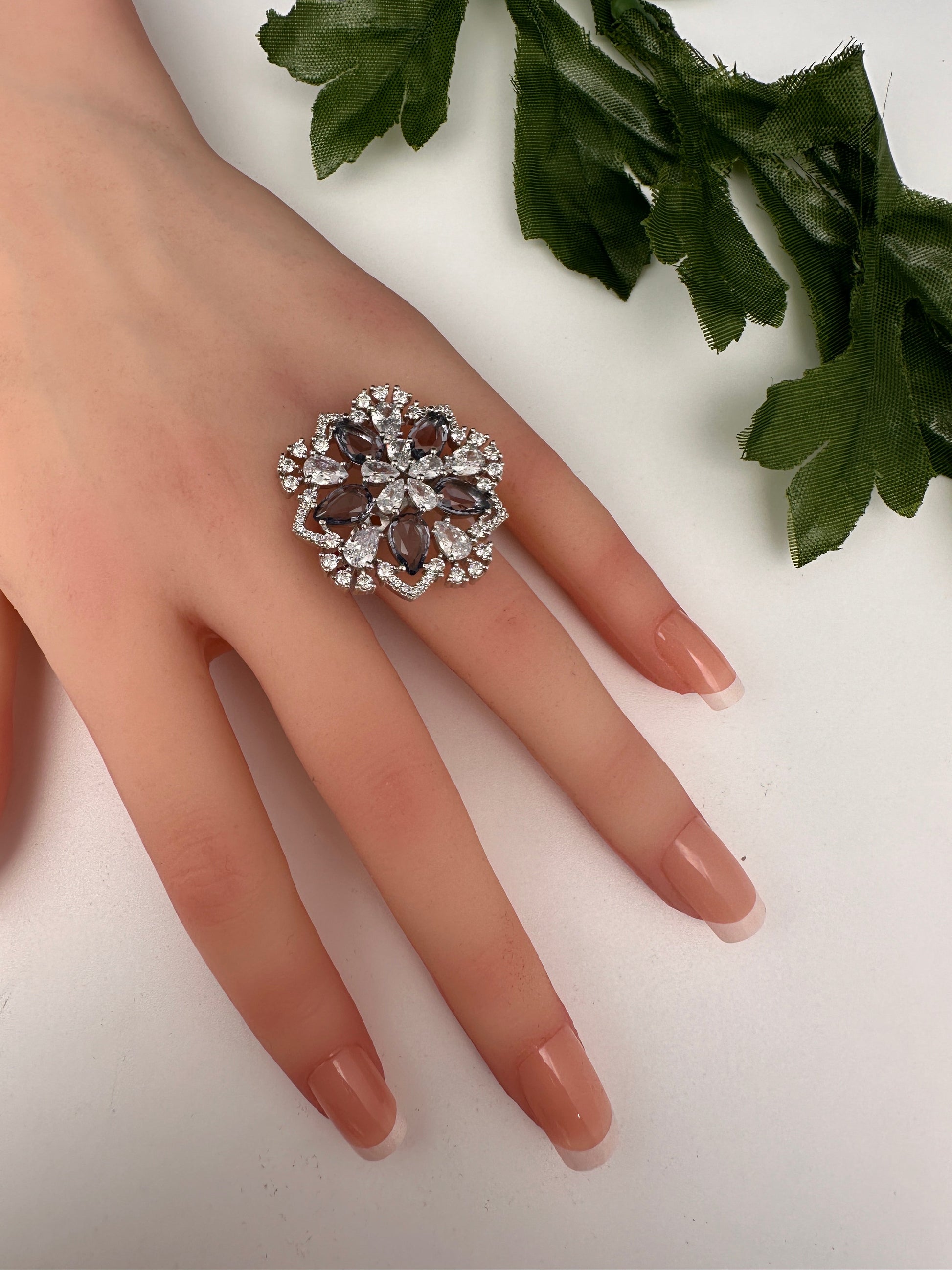 AD Silver Adjustable Color Stone Cocktail Ring - Purple