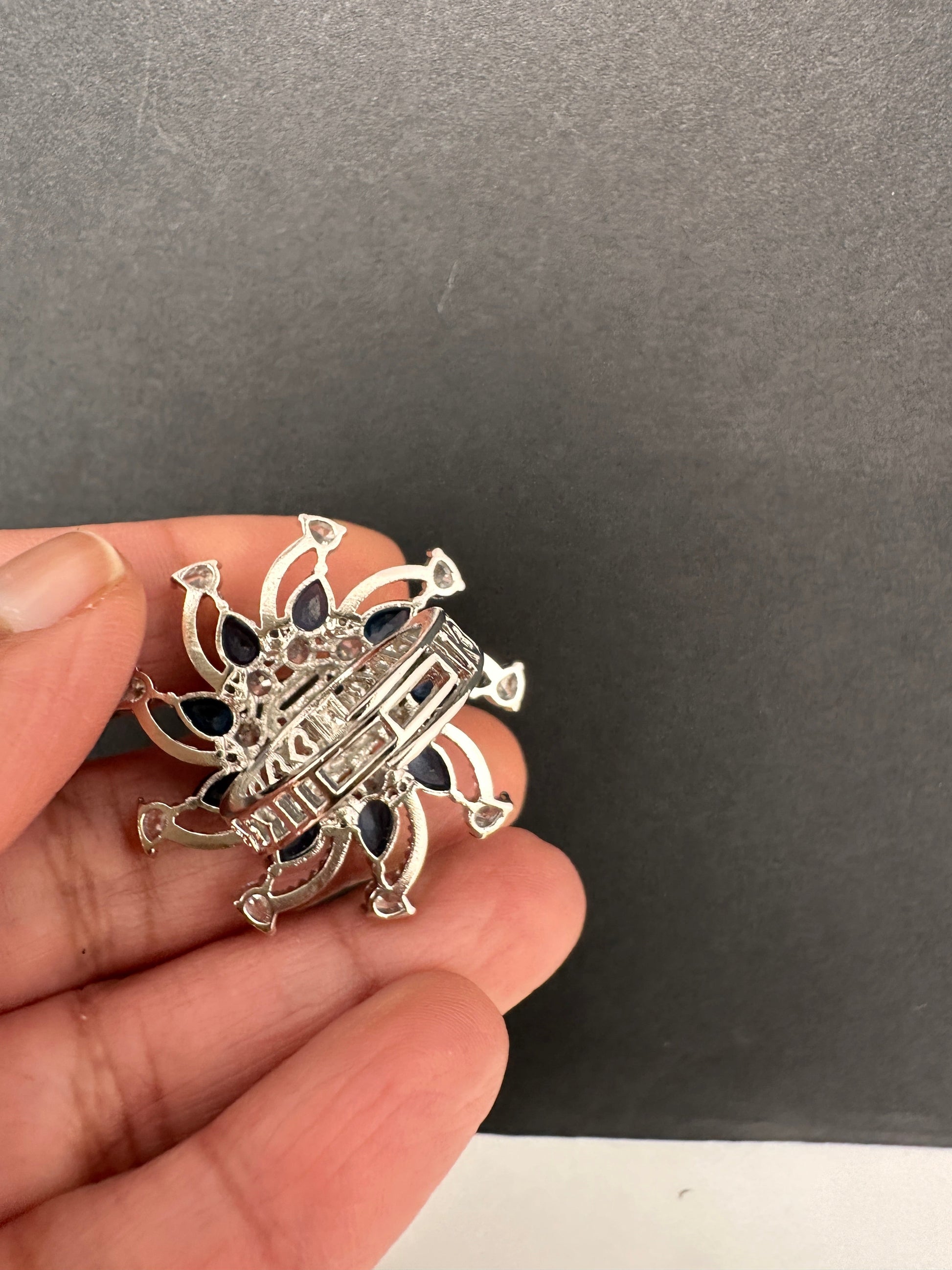 AD Floral Silver Adjustable Color Stone Cocktail Ring - Blue
